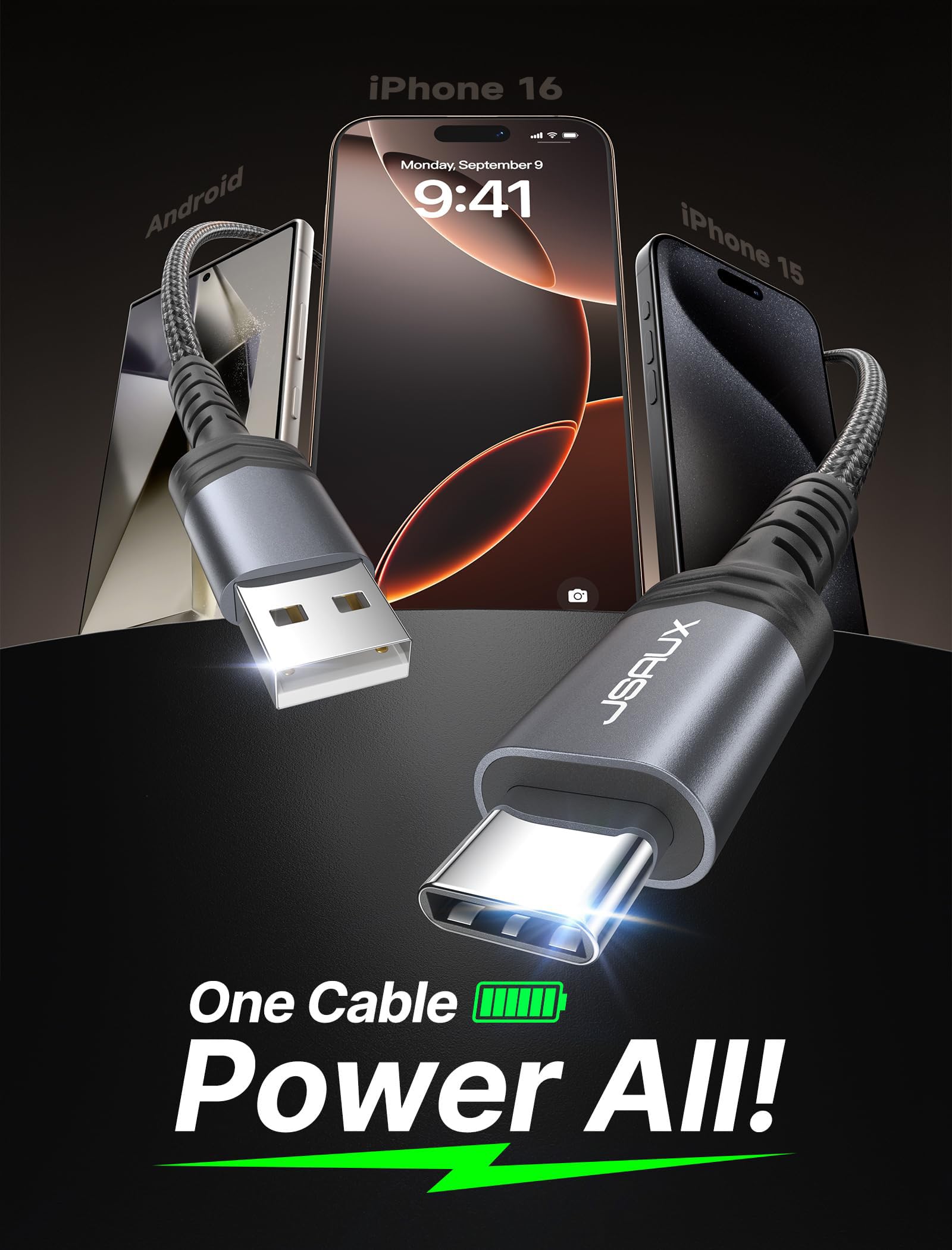 Foto 2 | Cable Usb C Jsaux 3.1 A De Carga Rápida  Paquete De 3 (3 M+2 M+1 M)  Gris - Venta Internacional.