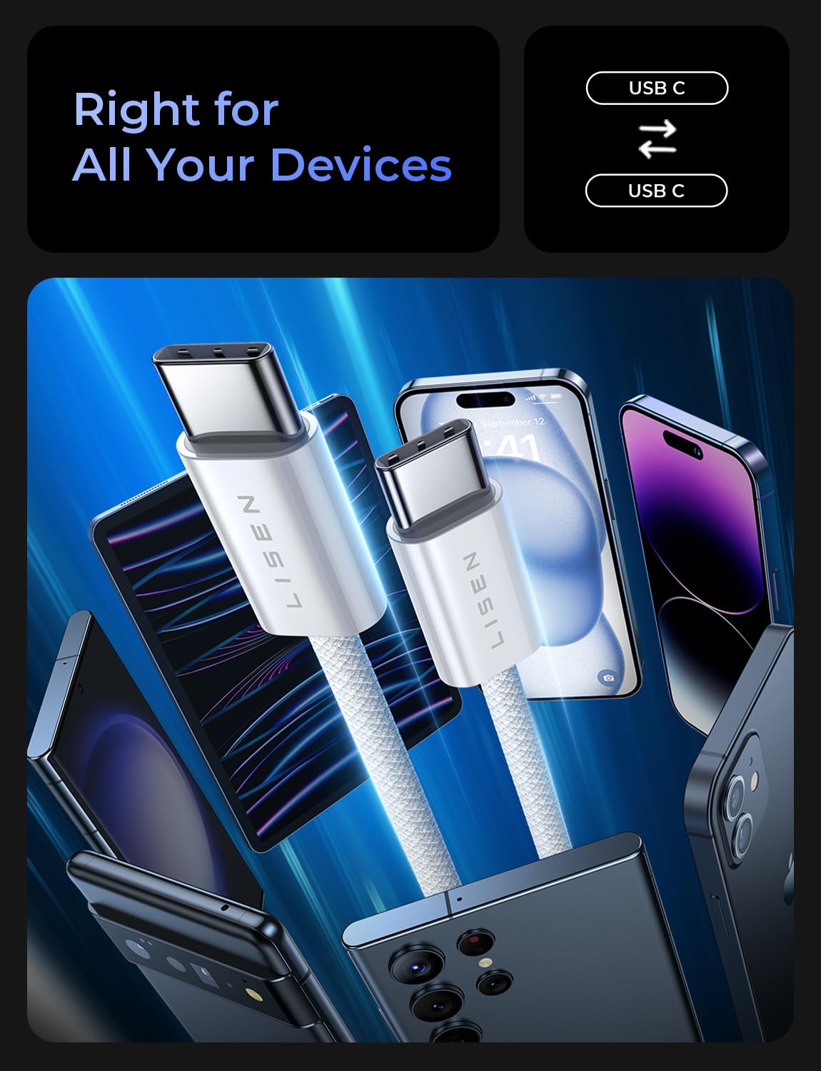 Foto 7 | Cable Usb C A Usb C Lisen  Paquete De 5 Unidades  1 M/2 M/2 M/3 M  Para Iphone 16 - Venta Internacional.