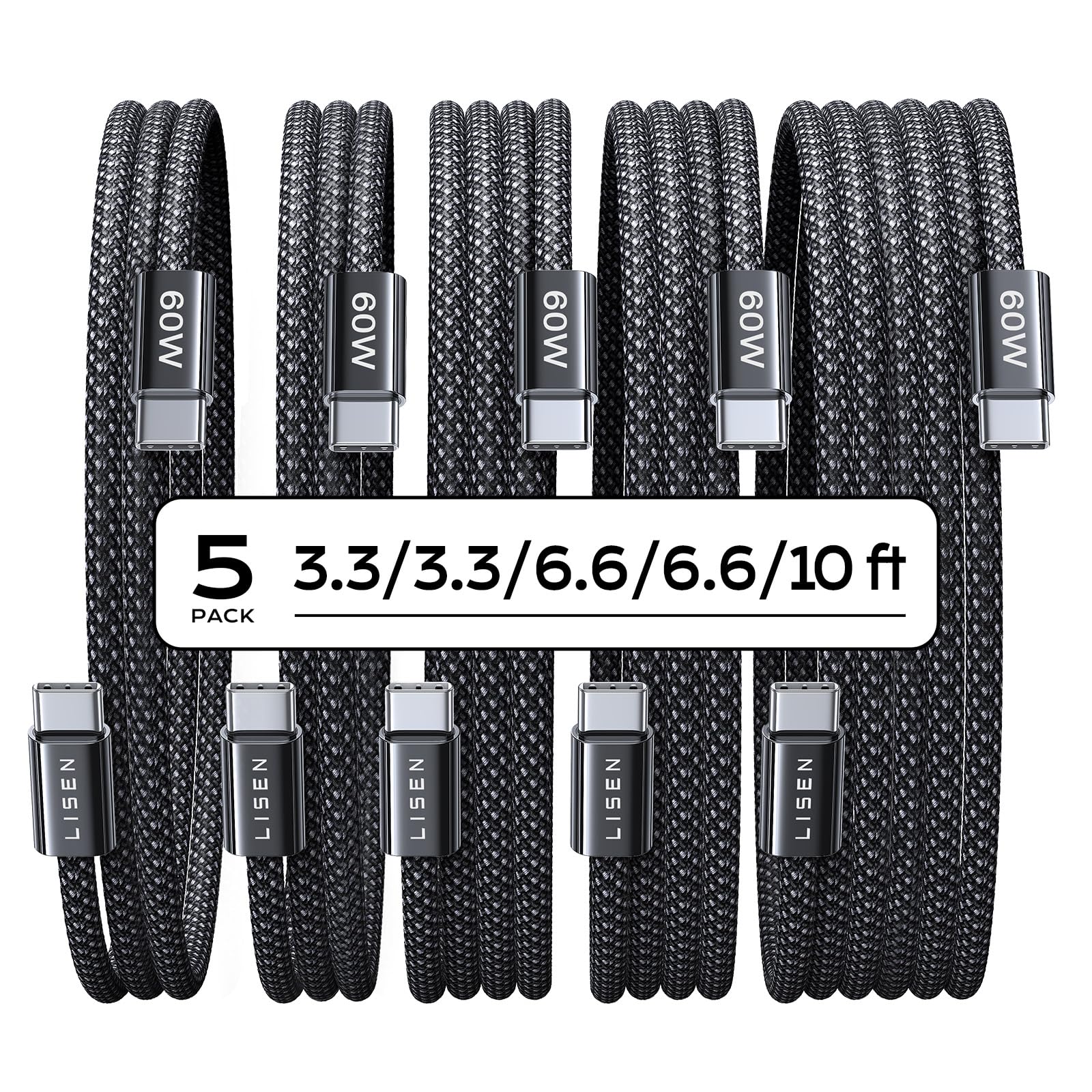 Foto 1 | Paquete De 5 Cables Usb C Lisen [1 M/1 M/2 M/2 M/3 M] 60 W De Carga Rápida - Venta Internacional.