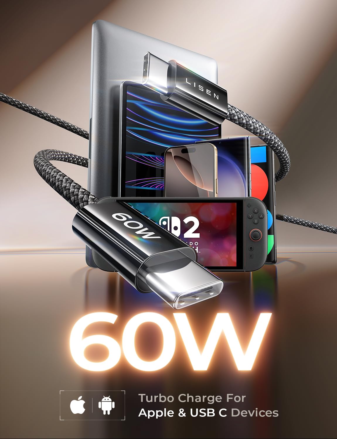Foto 2 | Paquete De 5 Cables Usb C Lisen [1 M/1 M/2 M/2 M/3 M] 60 W De Carga Rápida - Venta Internacional.