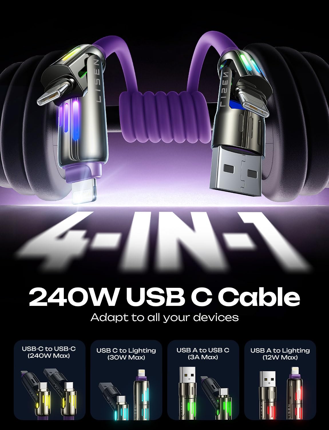 Foto 2 | Cable De Carga Lisen  240 W  Chubby Usb C A Usb C 4 En 1  2 M  Color Morado - Venta Internacional.