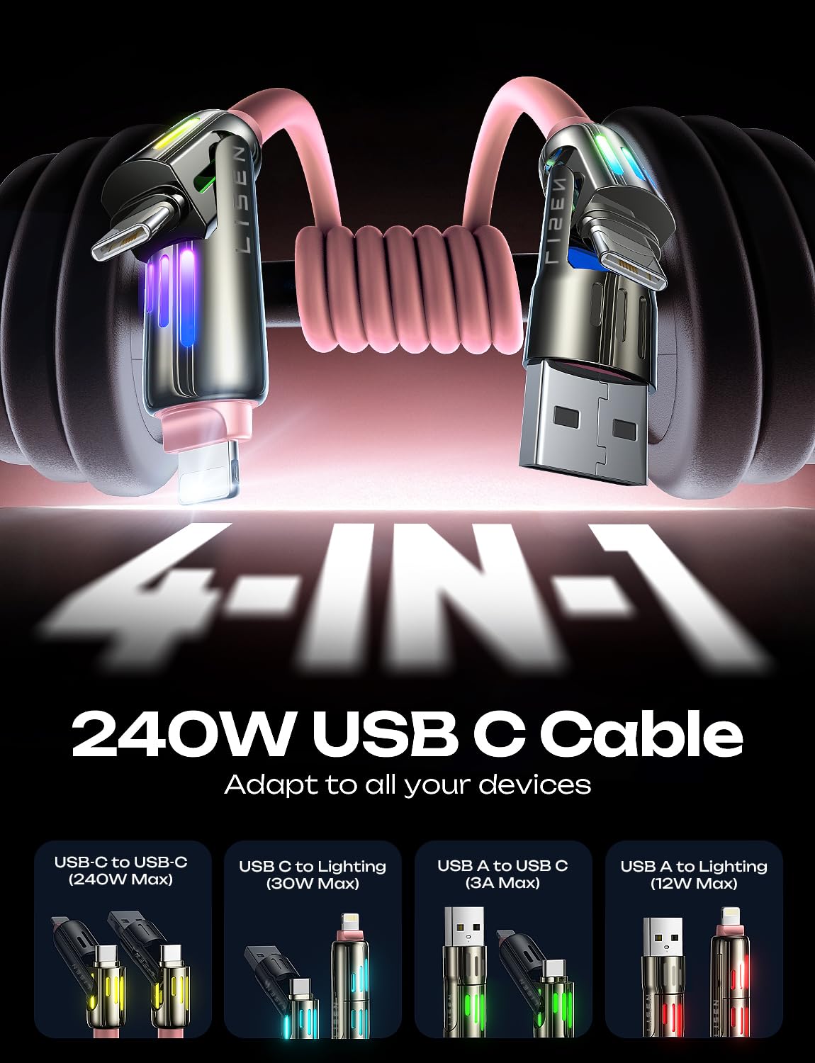 Foto 2 | Cable De Carga Lisen Rosa 240w Chubby Usb C 4 En 1 2m - Venta Internacional.