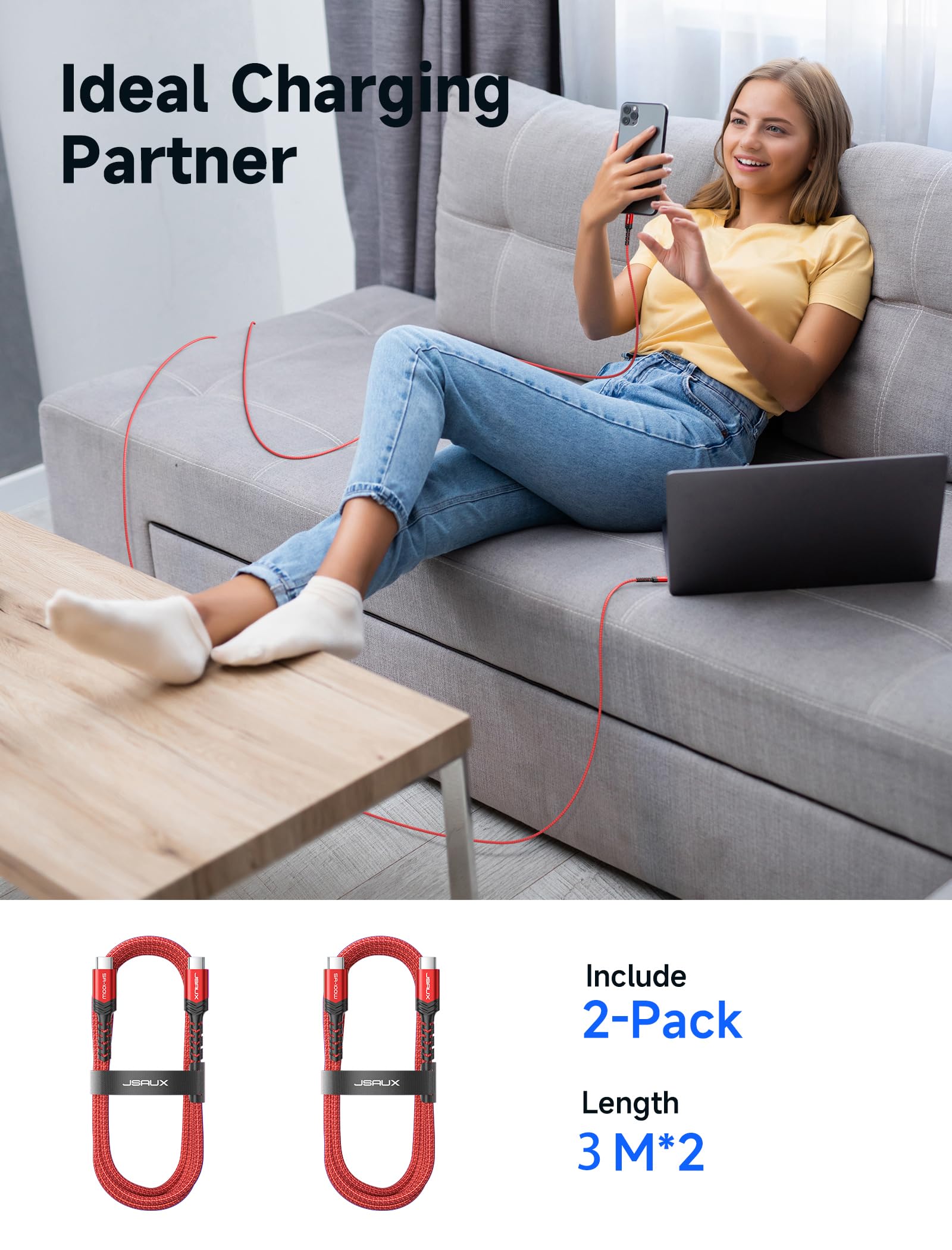 Foto 7 pulgar | Cable Usb C A Usb C Jsaux De 100 W  5 A  Carga Rápida De 10 Pies (paquete De 2) - Venta Internacional.