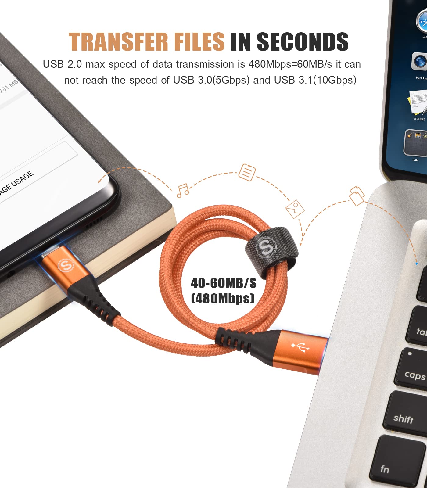 Foto 4 | Cable Usb Tipo C Sweguard Fast Charging 3.1 A [paquete De 2  3 M] Naranja - Venta Internacional.