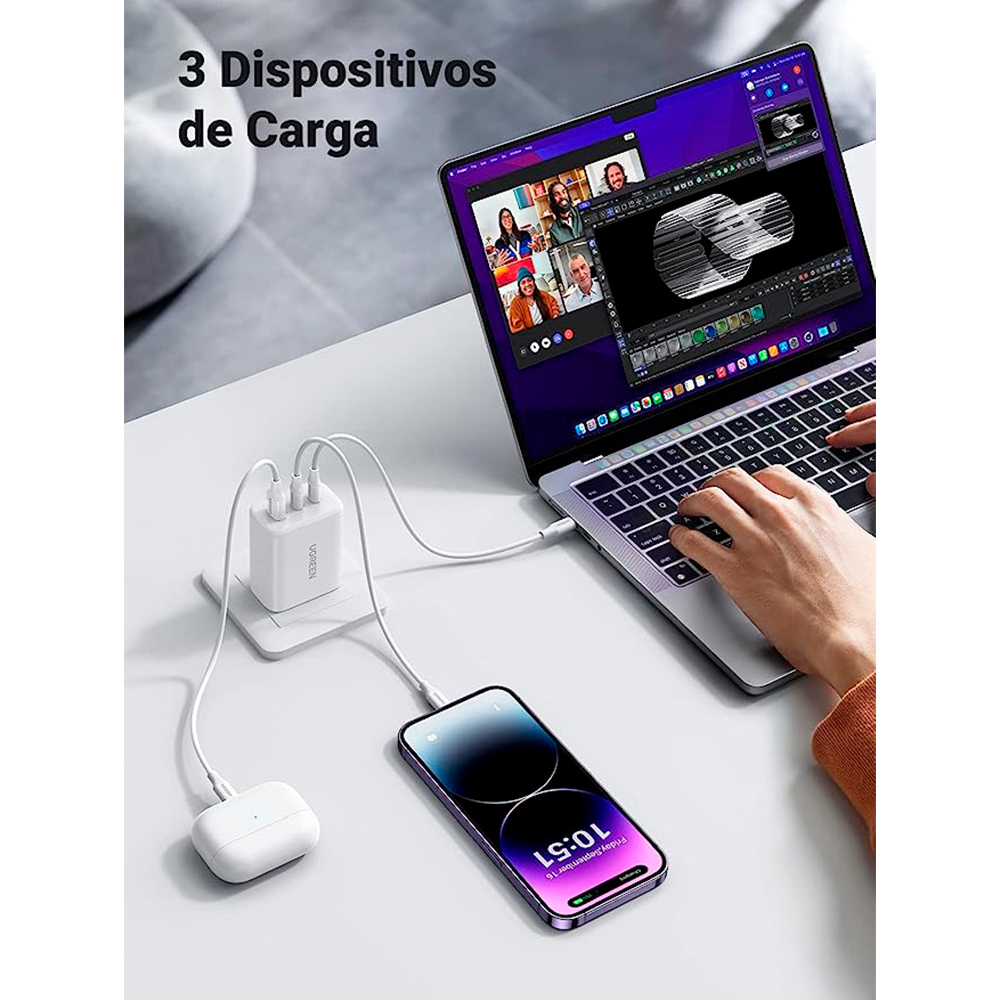 Foto 3 pulgar | Cargador 65w Ugreen Usb C con 3 Puertos Carga Rápida Plegable