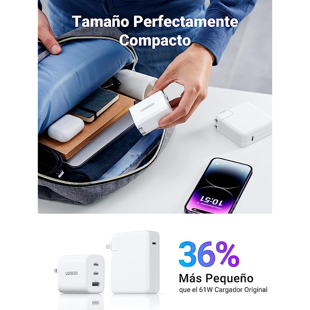 Foto 4 pulgar | Cargador 65w Ugreen Usb C con 3 Puertos Carga Rápida Plegable