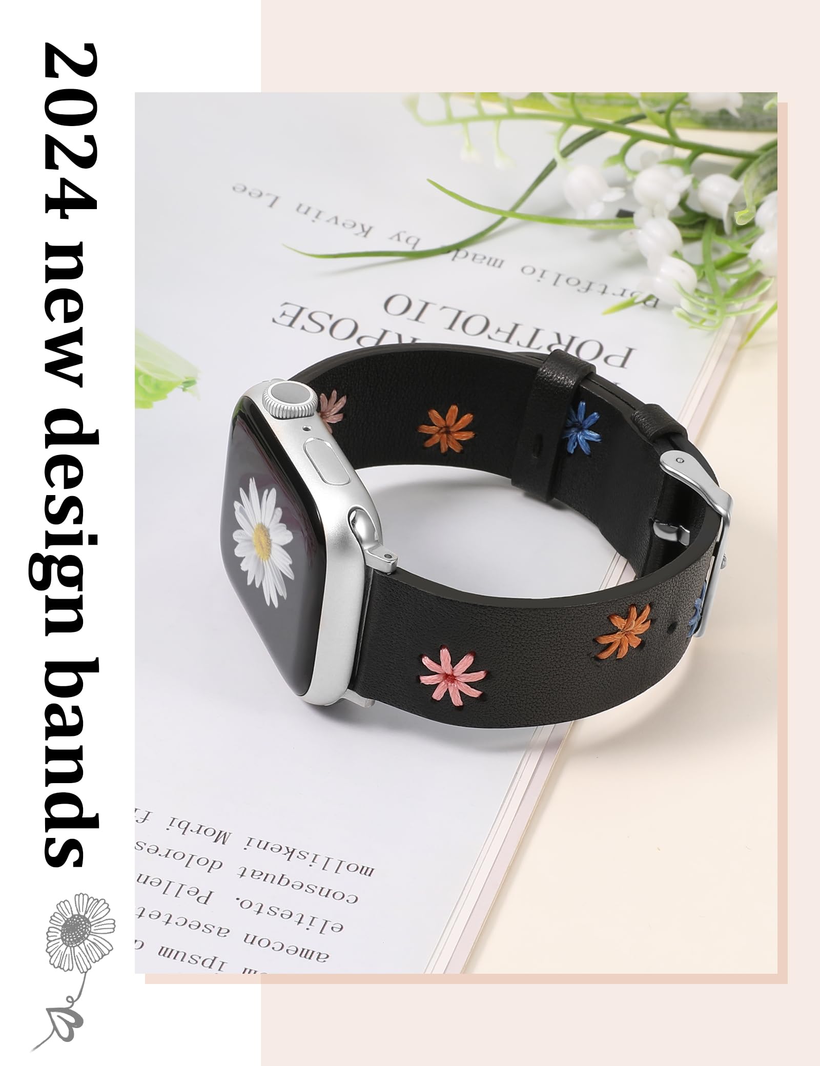 Foto 4 pulgar | Correa De Reloj Wearlizer De Piel Floral Para Mujer Apple 45/44/42/46/49 Mm - Venta Internacional.