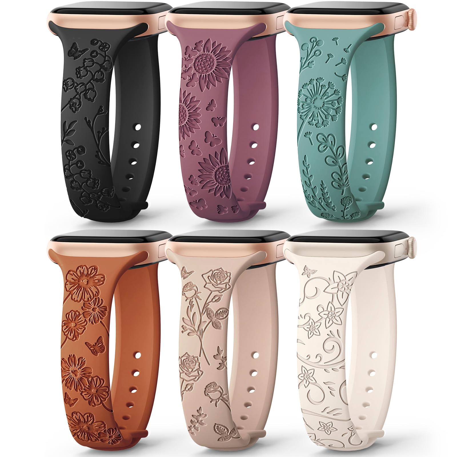 Foto 2 pulgar | Correa De Reloj Amsky Slim De Silicona Grabada Con Estampado Floral, Paquete De 6 Unidades, 40-49 Mm - Venta Internac