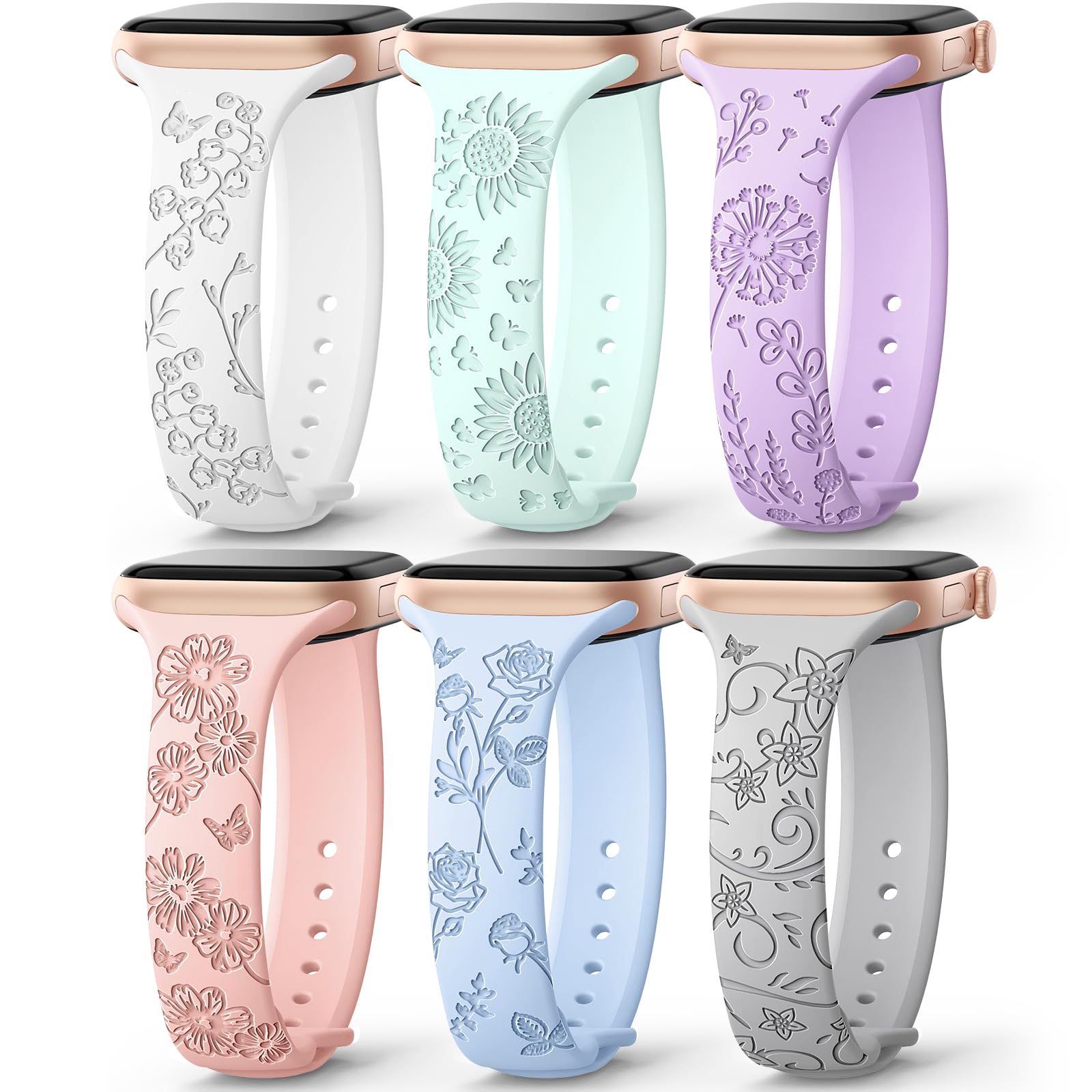 Foto 2 pulgar | Correa De Reloj Amsky Slim De Silicona Grabada Con Estampado Floral, Paquete De 6 Unidades, 40-49 Mm - Venta Internac