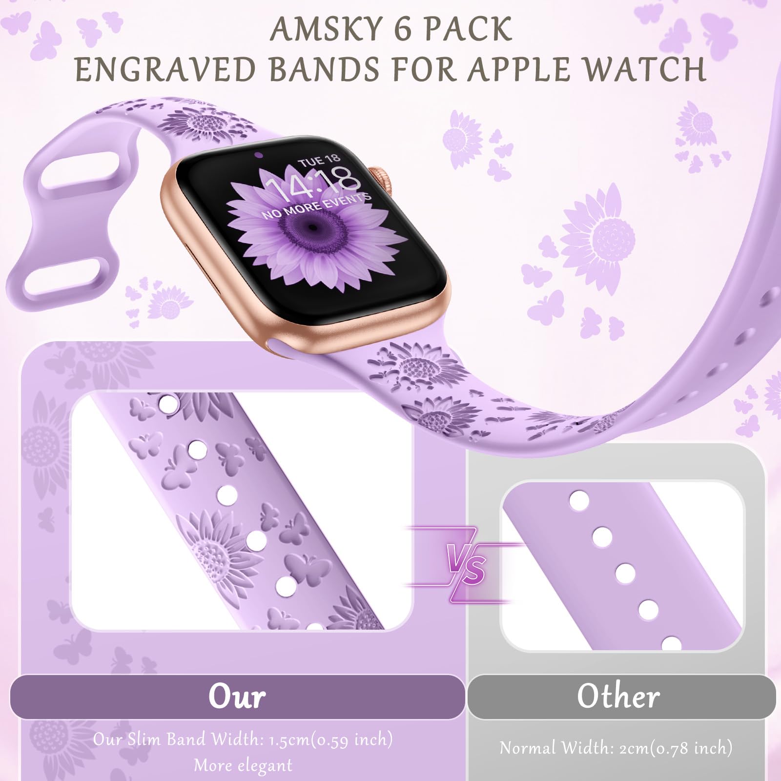 Foto 4 pulgar | Correa De Reloj Amsky Slim De Silicona Grabada Con Estampado Floral, Paquete De 6 Unidades, 40-49 Mm - Venta Internac