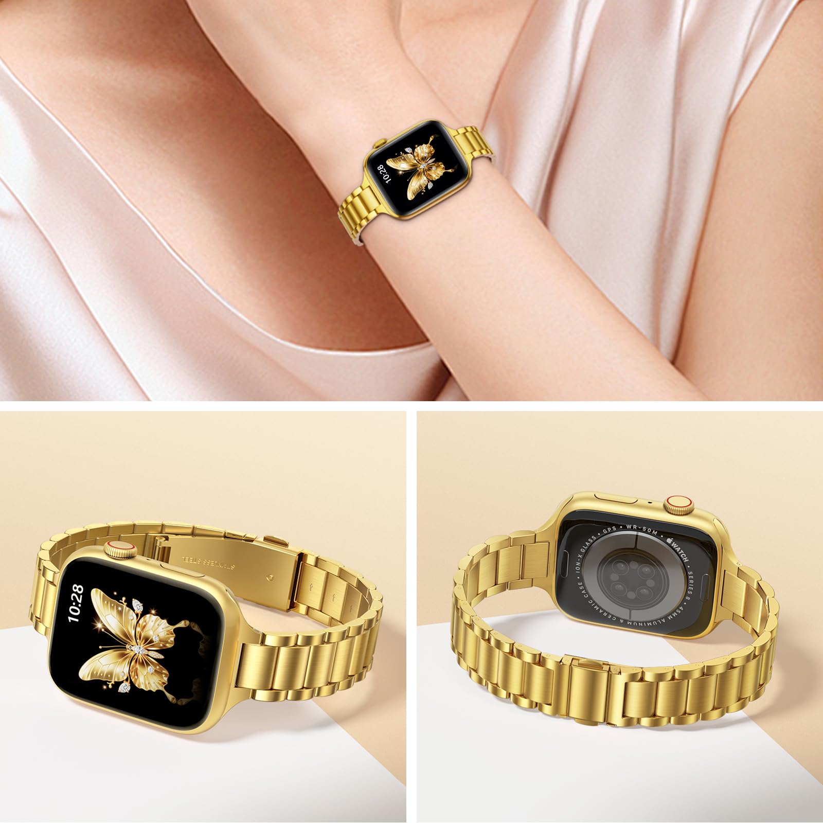 Foto 3 pulgar | Correa De Reloj Wfeagl, Correas Metálicas Finas De 42 Mm Para Apple Watch, Color Dorado - Venta Internacional.