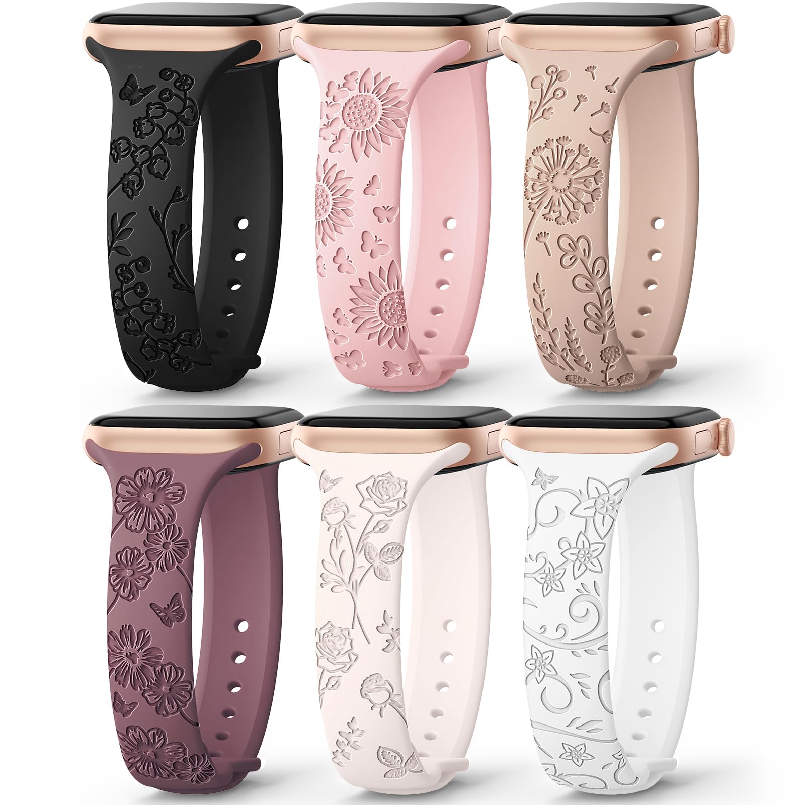 Foto 2 pulgar | Correa De Reloj Amsky Slim De Silicona Grabada Con Estampado Floral, Paquete De 6 Unidades, 40-49 Mm - Venta Internac