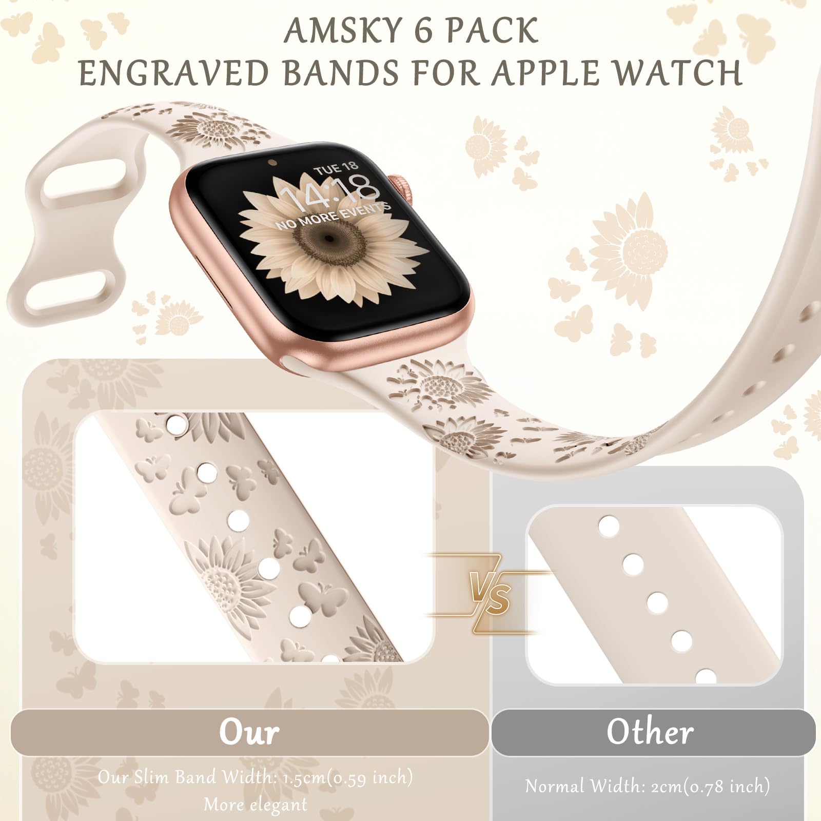 Foto 3 pulgar | Correa De Reloj Amsky Slim De Silicona Grabada Con Estampado Floral, Paquete De 6 Unidades, 40-49 Mm - Venta Internac