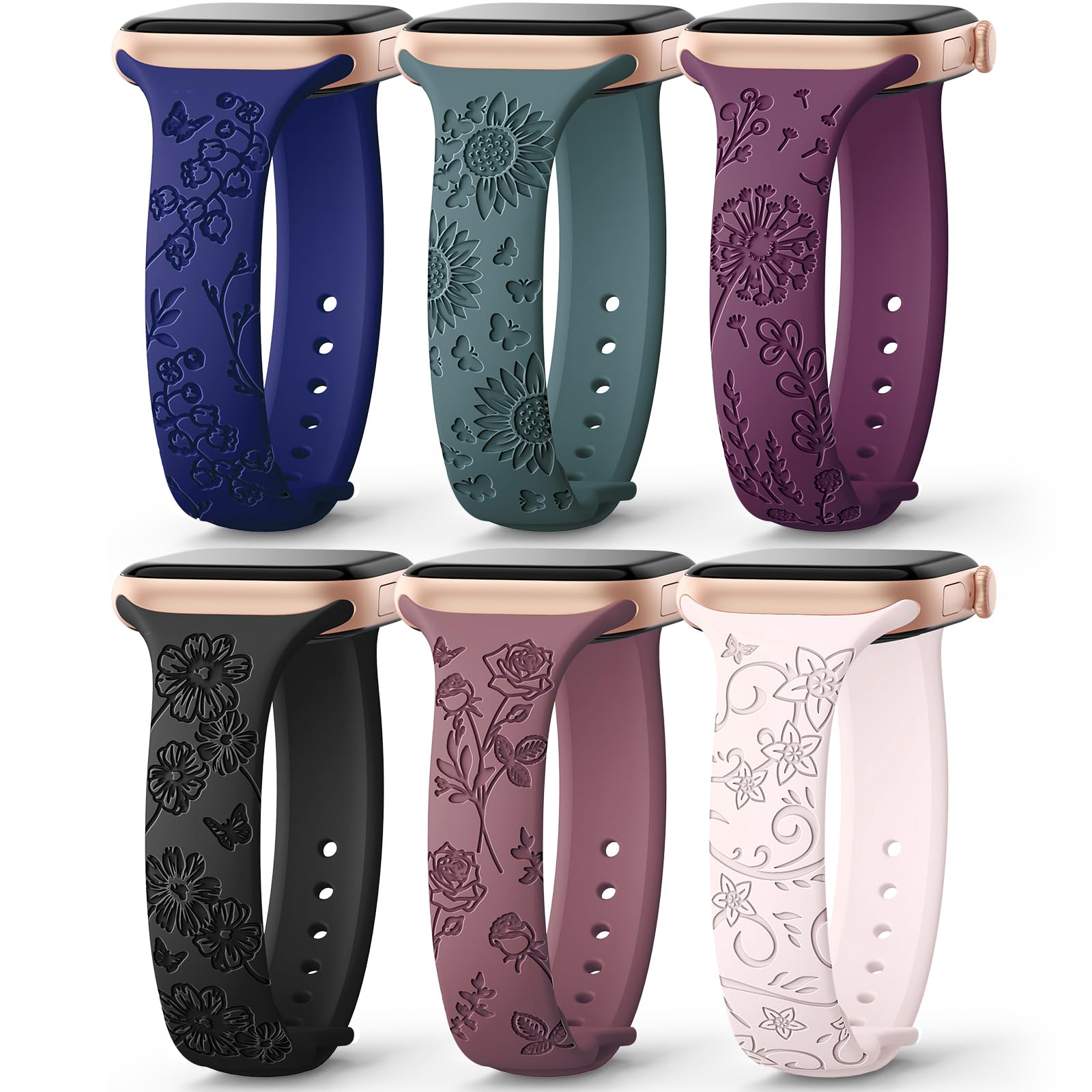 Foto 2 pulgar | Correa De Reloj Amsky Slim De Silicona Grabada Con Estampado Floral, Paquete De 6 Unidades, 40-49 Mm - Venta Internac