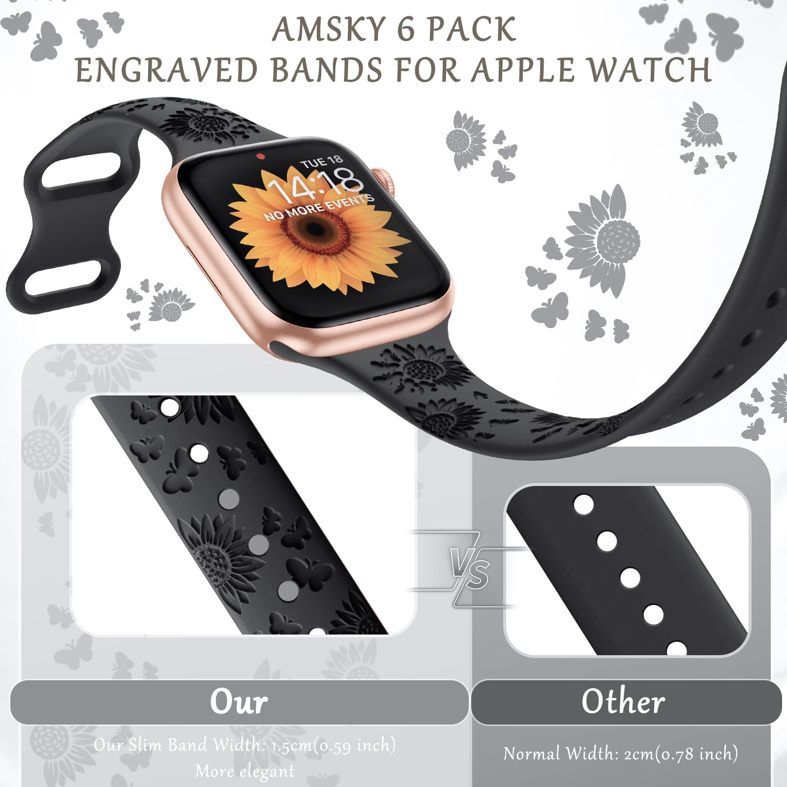 Foto 2 | Correa De Reloj Amsky Slim De Silicona Grabada Con Estampado Floral, Paquete De 6 Unidades, 40-49 Mm - Venta Internac