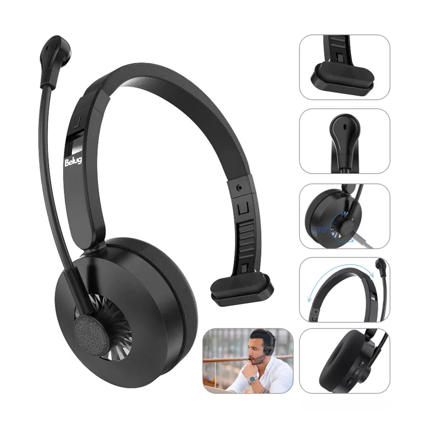 Foto 3 pulgar | Audifonos Inalambricos Belug De Diadema Bluetooth Cancelacion Ruido Negro