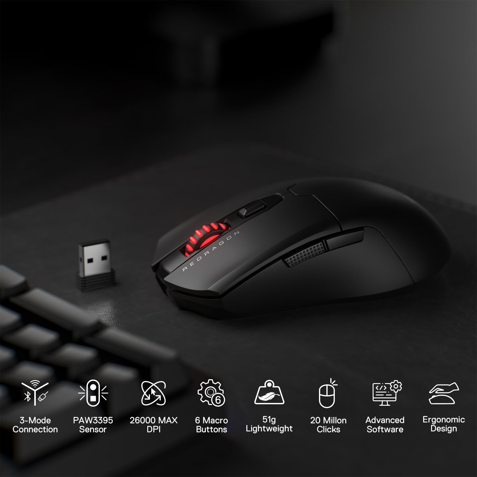Foto 3 pulgar | Ratón Inalámbrico Para Juegos Redragon M995 Pro 26000 Dpi Negro - Venta Internacional.