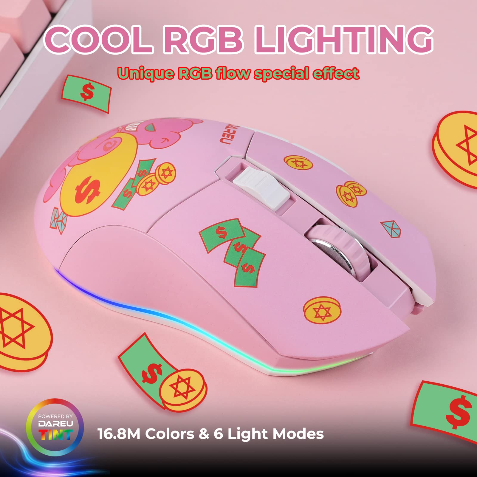 Foto 2 | Ratón Para Juegos Dareu Pink Inalámbrico Con Cable Recargable De 10 K Dpi - Venta Internacional.