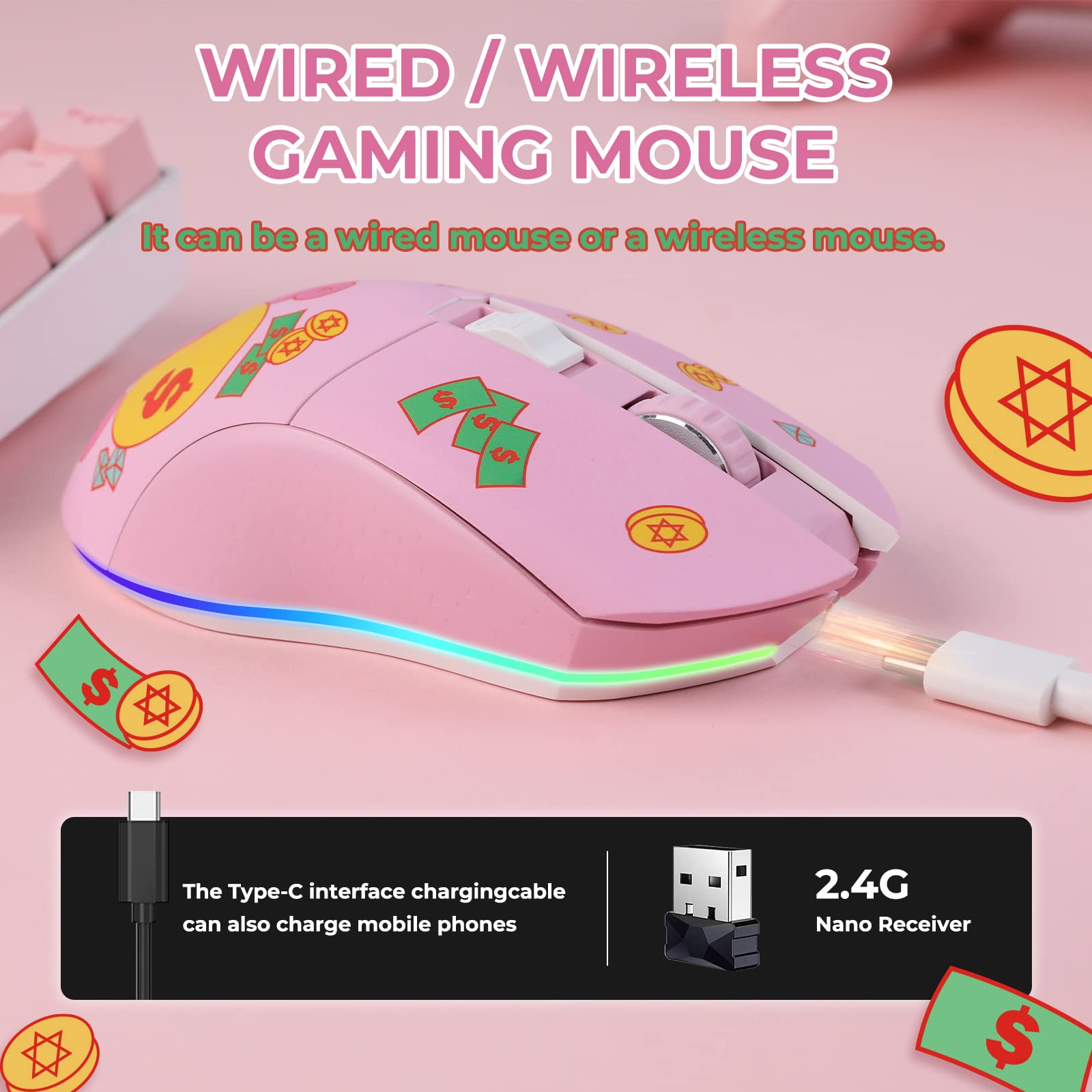 Foto 3 | Ratón Para Juegos Dareu Pink Inalámbrico Con Cable Recargable De 10 K Dpi - Venta Internacional.