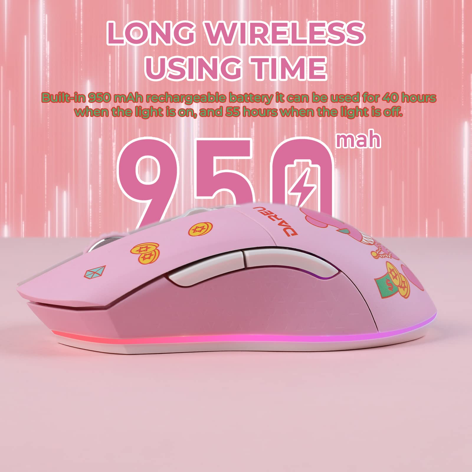 Foto 4 | Ratón Para Juegos Dareu Pink Inalámbrico Con Cable Recargable De 10 K Dpi - Venta Internacional.