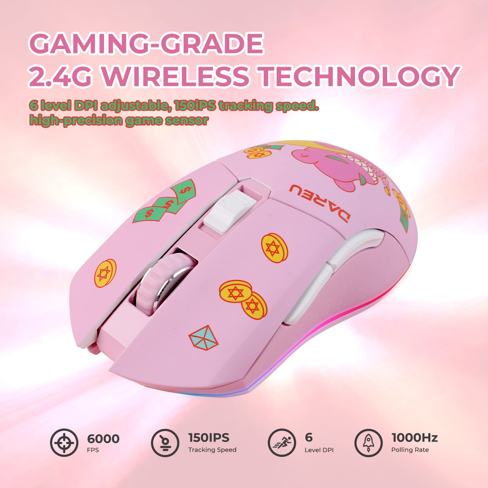 Foto 5 | Ratón Para Juegos Dareu Pink Inalámbrico Con Cable Recargable De 10 K Dpi - Venta Internacional.