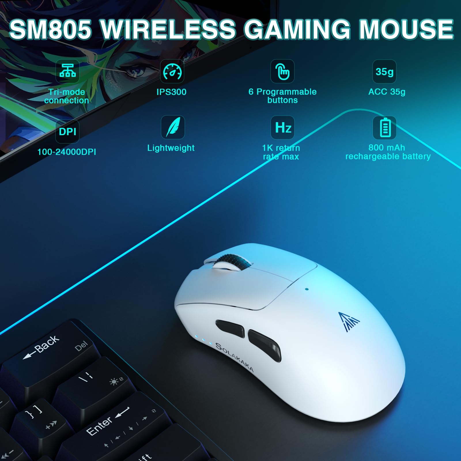 Foto 2 | Ratón Para Juegos Solakaka Sm805 Inalámbrico Ligero De 24.000 Dpi - Venta Internacional.