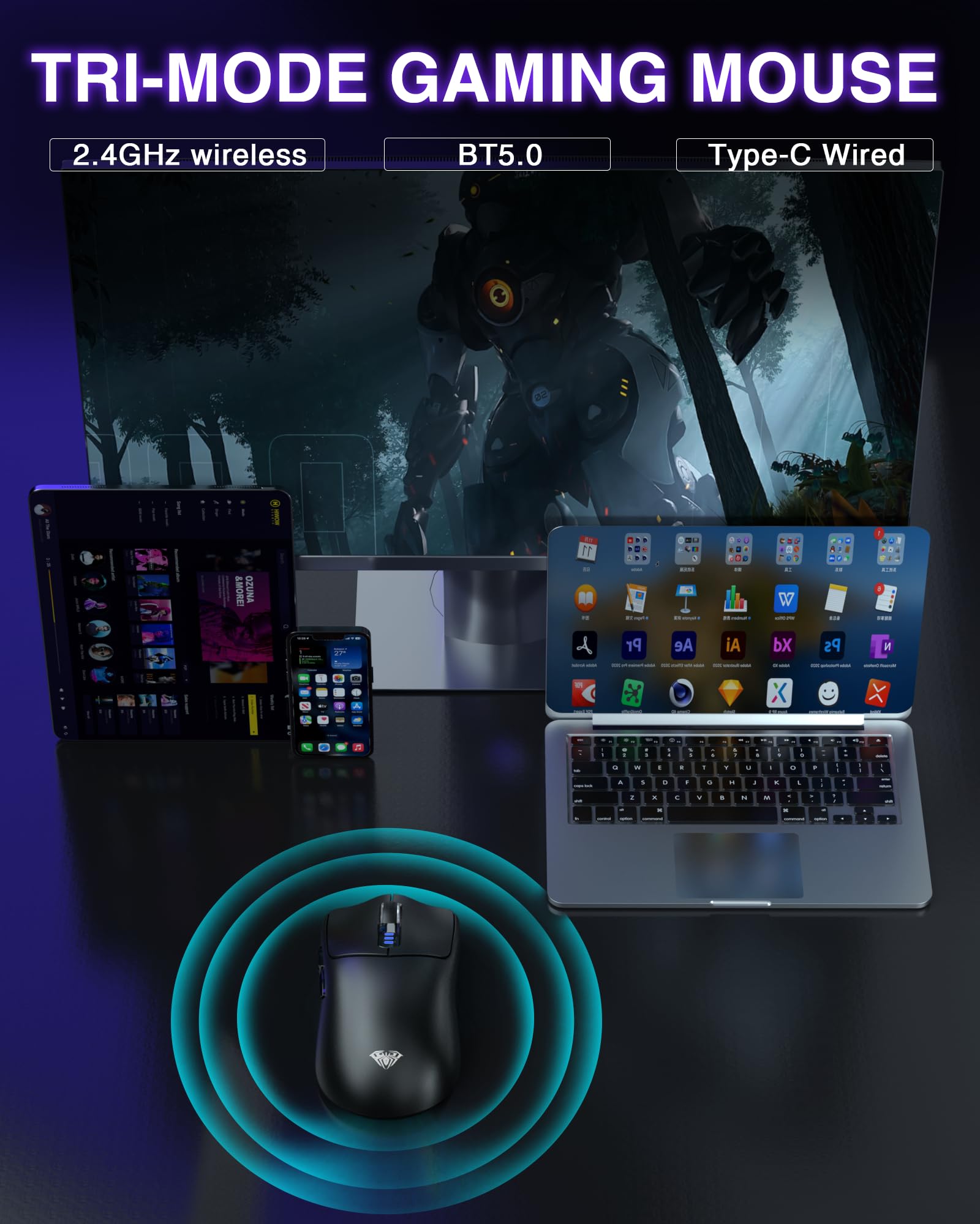 Foto 4 pulgar | Ratón Inalámbrico Para Juegos Aula Sc580 Tri-mode 2.4g/bt5.0/usb-c - Venta Internacional.