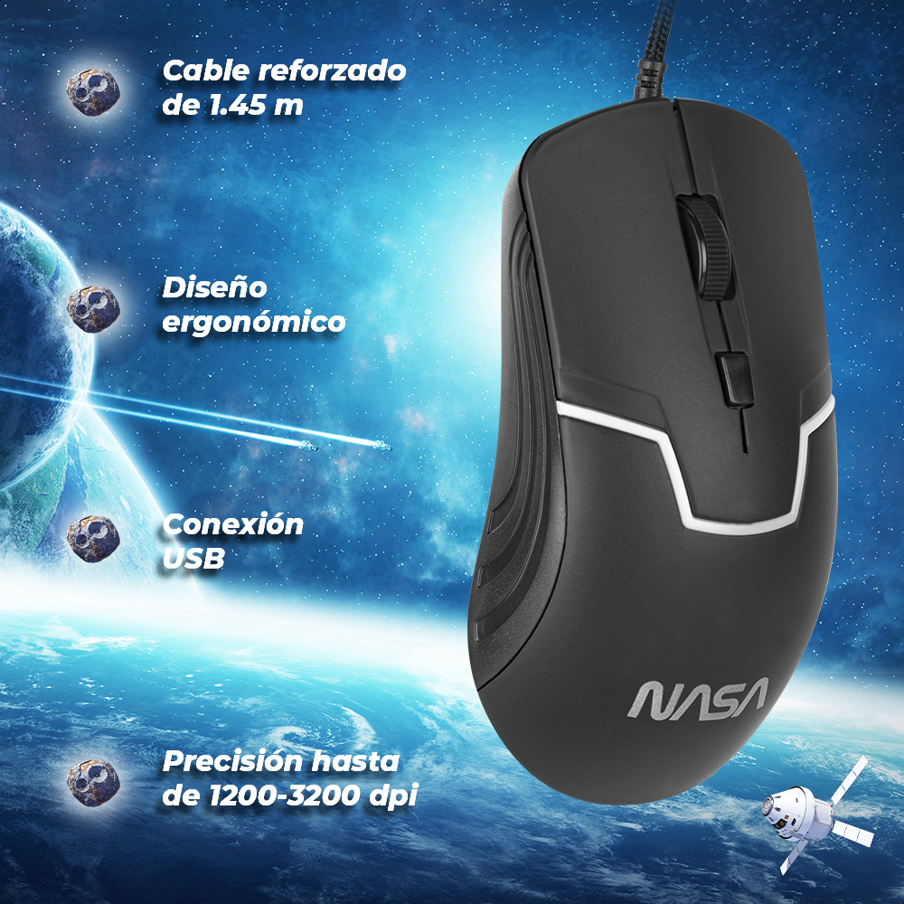 Foto 2 | Mouse Gamer NASA NS-GM06 LED RGB Edición Alámbrico USB 1200 3200 DPI Ajustables 4 Botones
