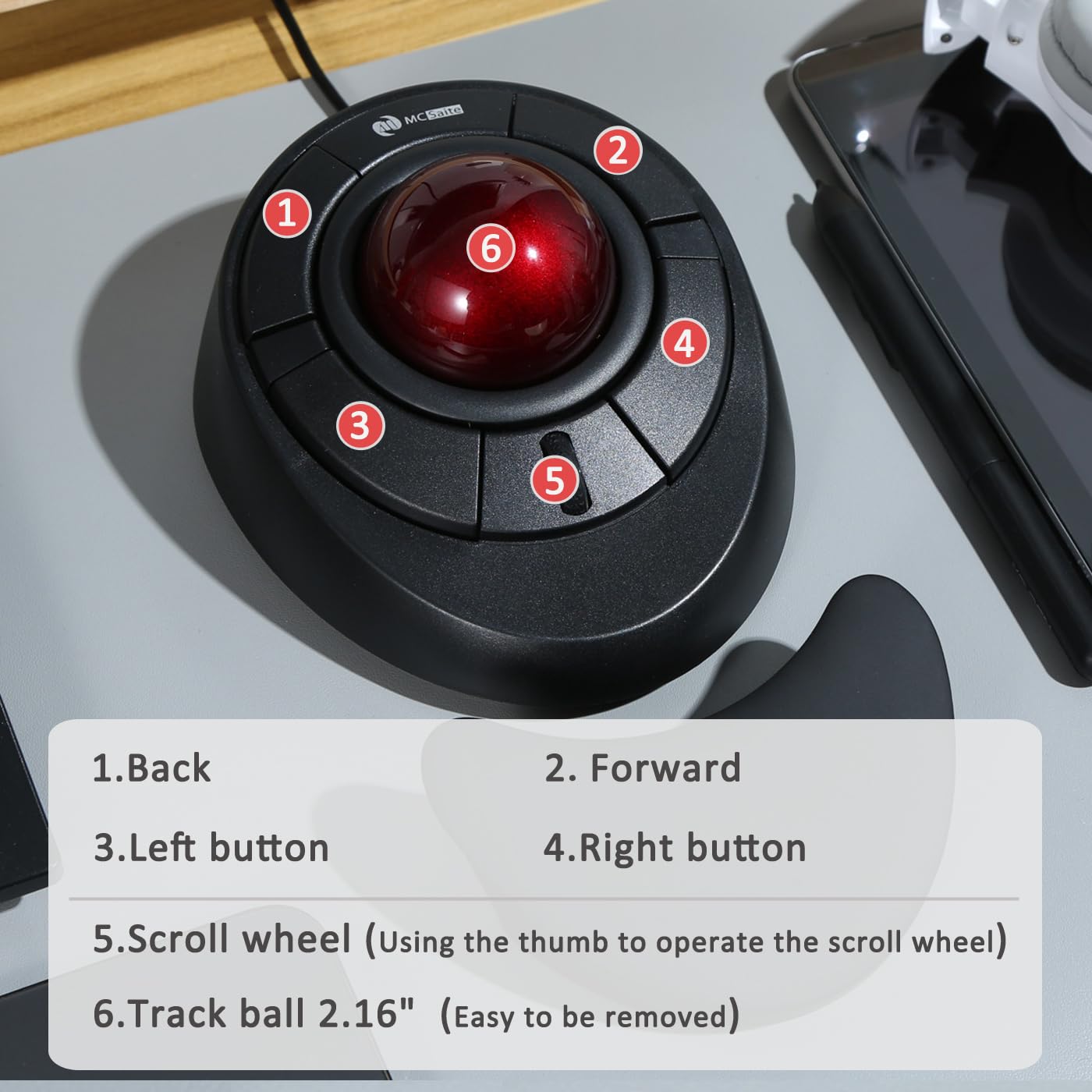 Foto 4 | Ratón Trackball Mcsaite Con Cable Y Rueda De Desplazamiento, Bola Roja - Venta Internacional.