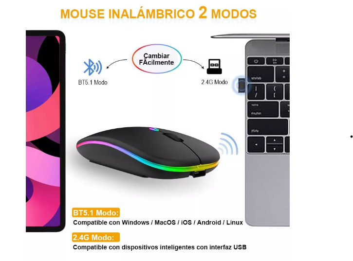 Foto 3 pulgar | 2pz Rgb 3 Dpi 2.4g+usb Recargable Portátil Inalámbrico Mouse