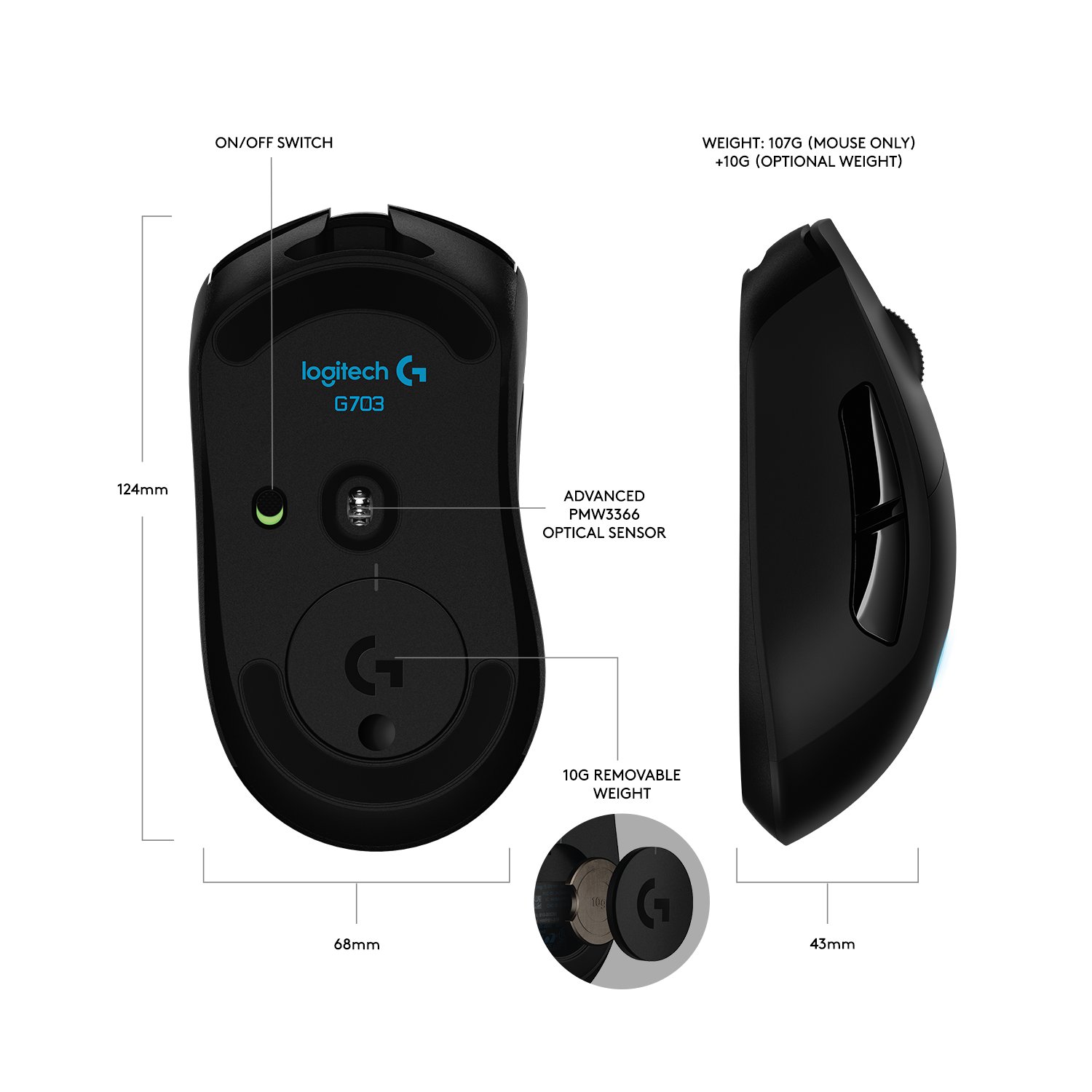 Foto 3 | Ratón Para Juegos Logitech G703 Lightspeed Con Powerplay Negro - Venta Internacional.