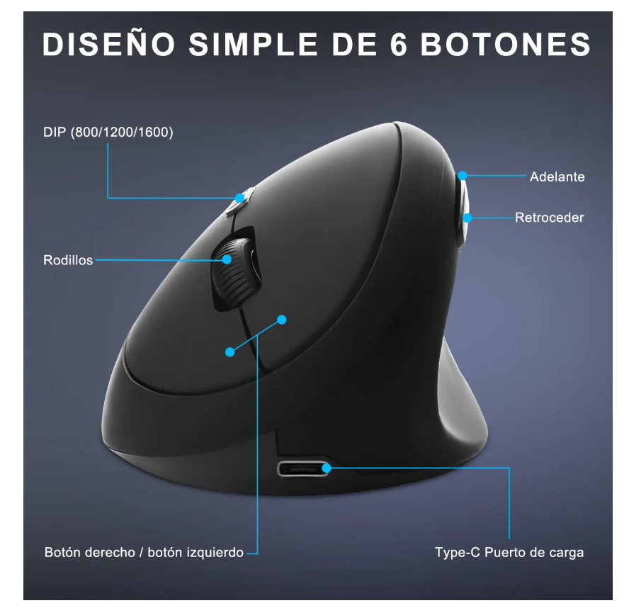 Foto 4 pulgar | Ratón Xtellar Ergonómico Inalámbrico Recargable 6 Botones 3 Dpi