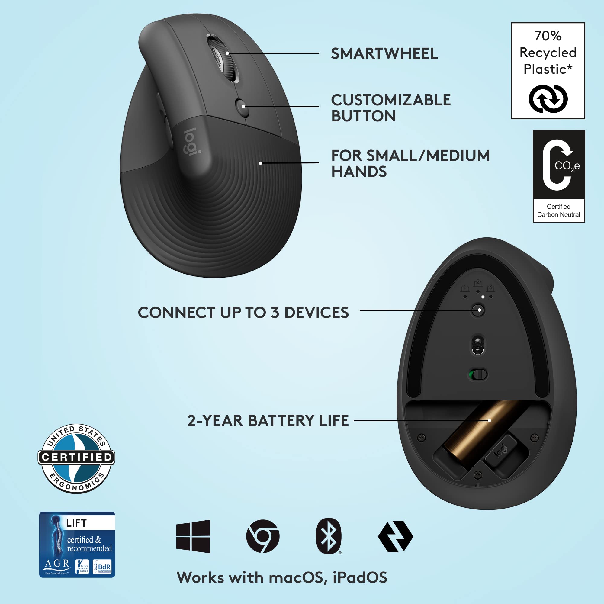 Foto 7 pulgar | Ratón Ergonómico Vertical Logitech Lift Wireless Graphite - Venta Internacional