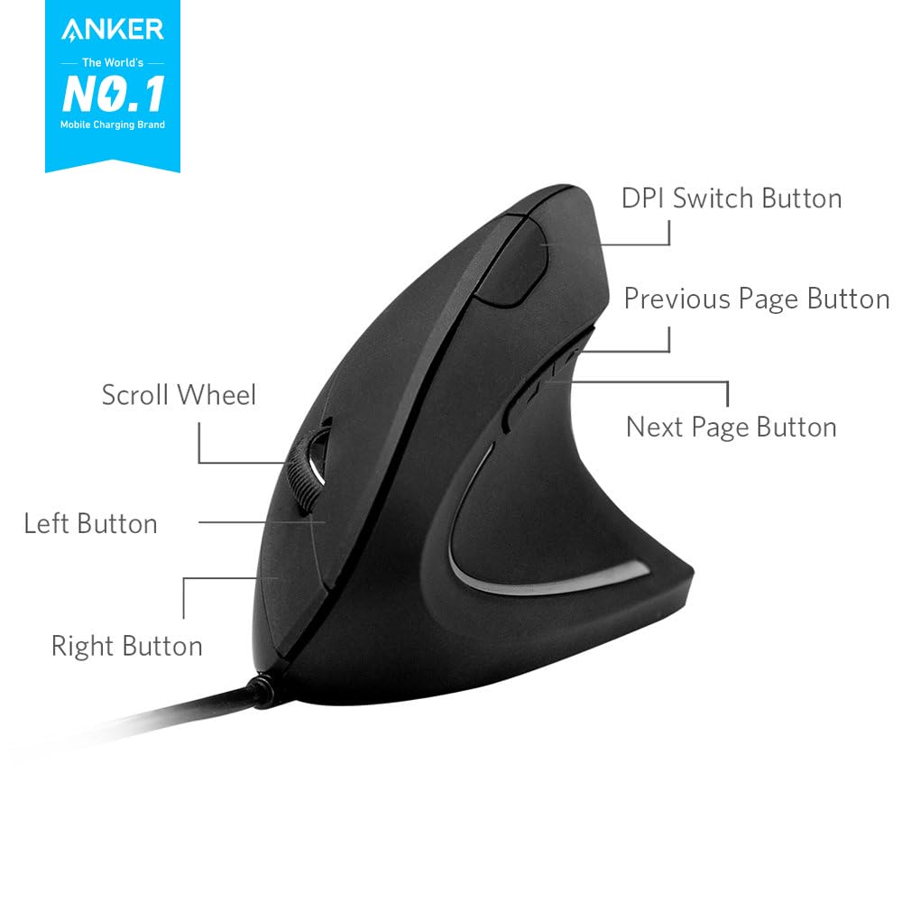 Foto 3 pulgar | Ratón Anker Ergonómico Óptico Usb Cableado Vertical 1000/1600 Dpi - Venta Internacional.