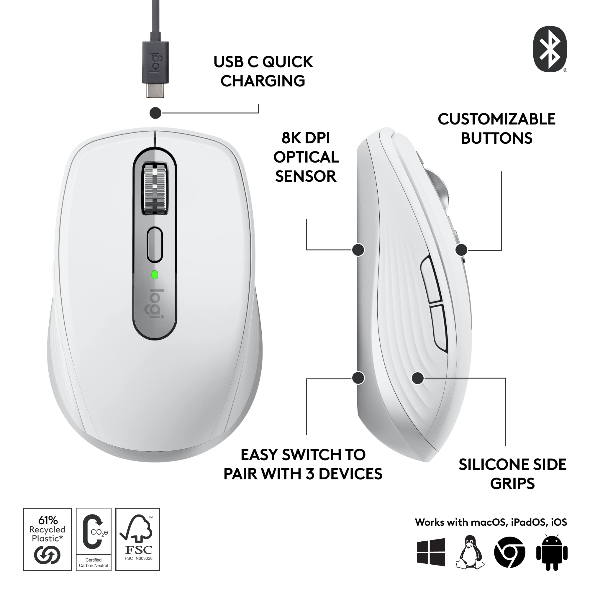 Foto 6 | Ratón Inalámbrico Logitech Mx Anywhere 3s 8k Dpi Gris Pálido - Venta Internacional.