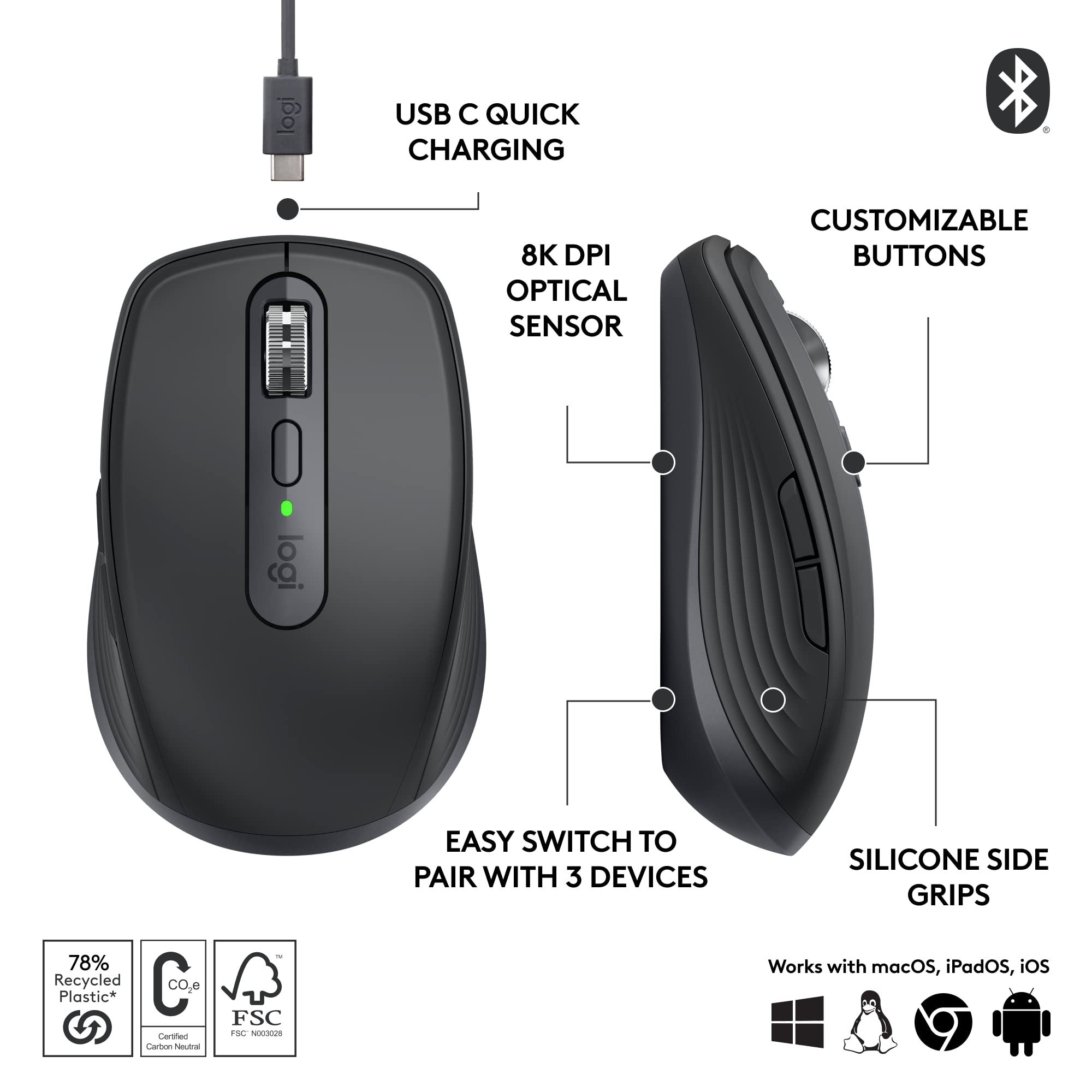 Foto 7 pulgar | Mouse Inalámbrico Logitech Mx Anywhere 3s 8k Dpi Bluetooth Usb-c - Venta Internacional