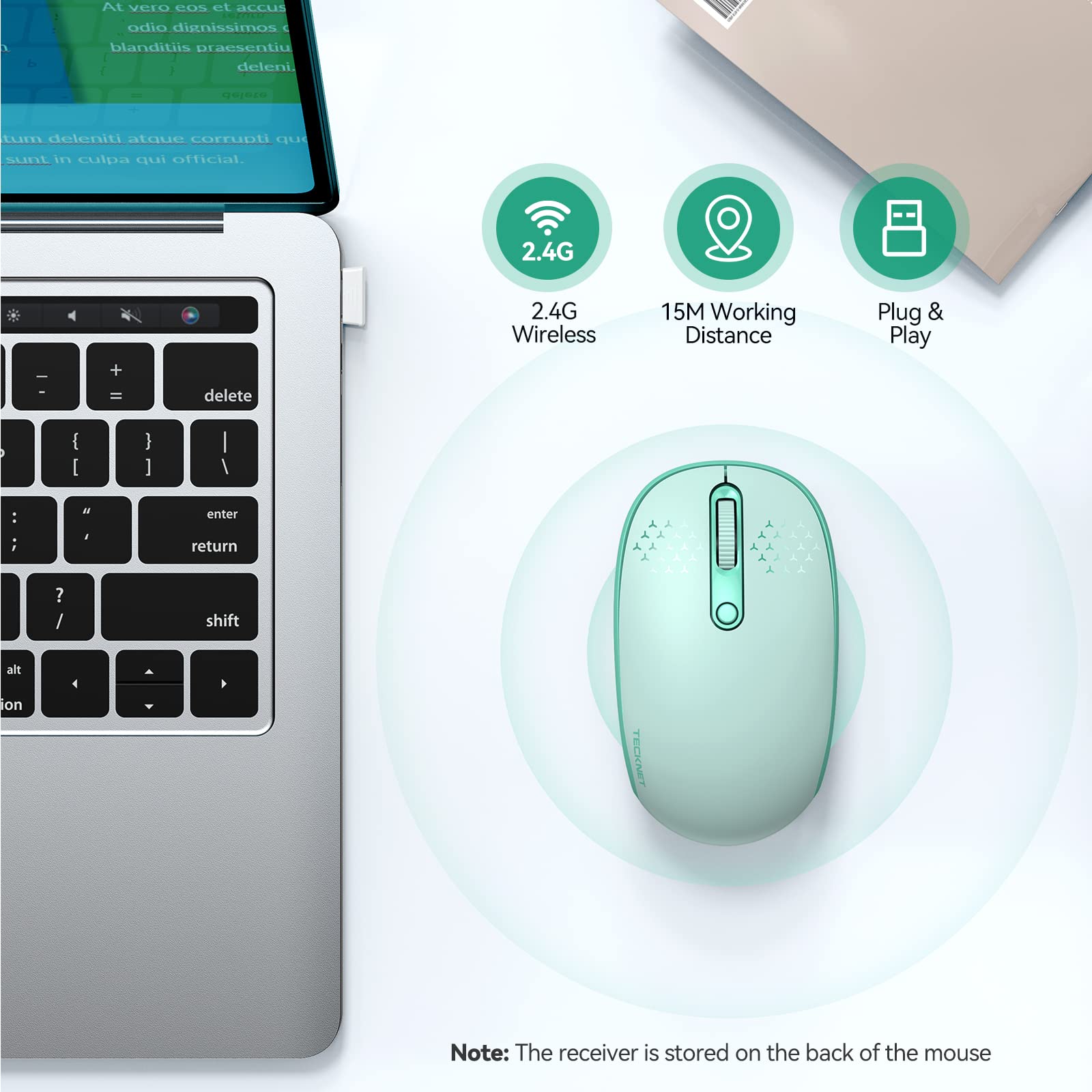 Foto 2 | Ratón Inalámbrico Tecknet Para Portátil 2.4g Con 4 Botones, Color Verde Menta - Venta Internacional.