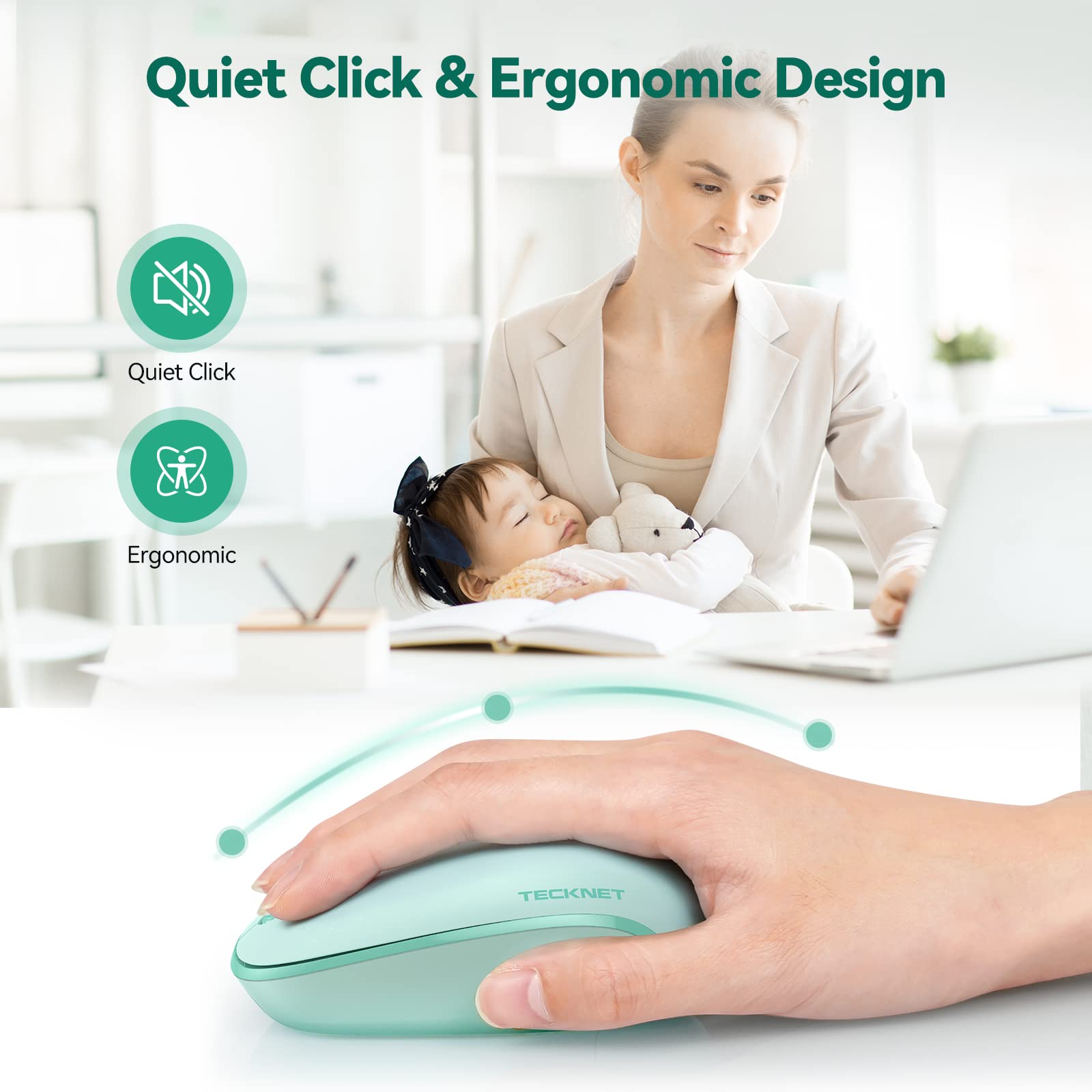 Foto 4 | Ratón Inalámbrico Tecknet Para Portátil 2.4g Con 4 Botones, Color Verde Menta - Venta Internacional.