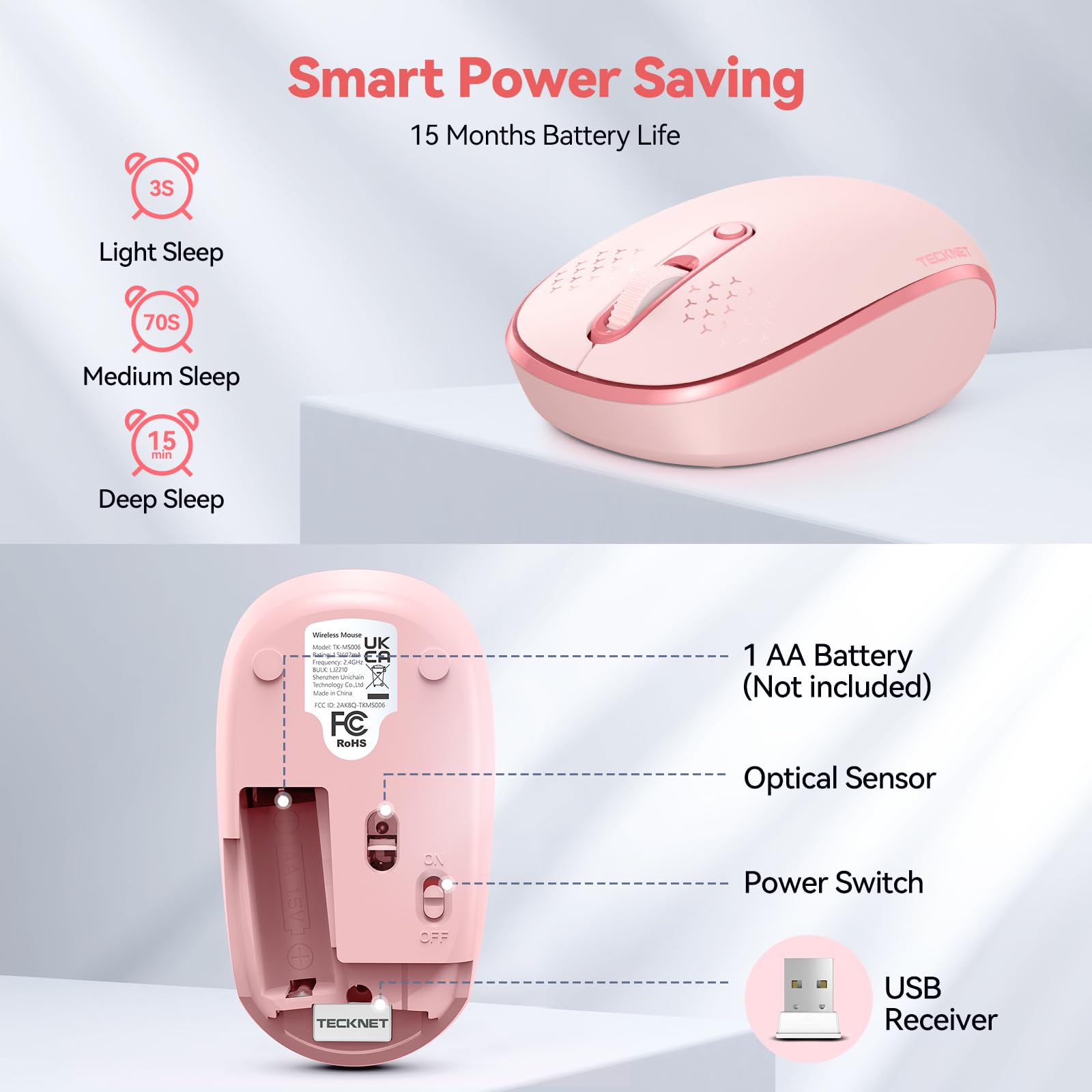 Foto 6 | Ratón Inalámbrico Tecknet 2.4g 4 Botones 1600/1200/800 Dpi - Rosa - Venta Internacional.