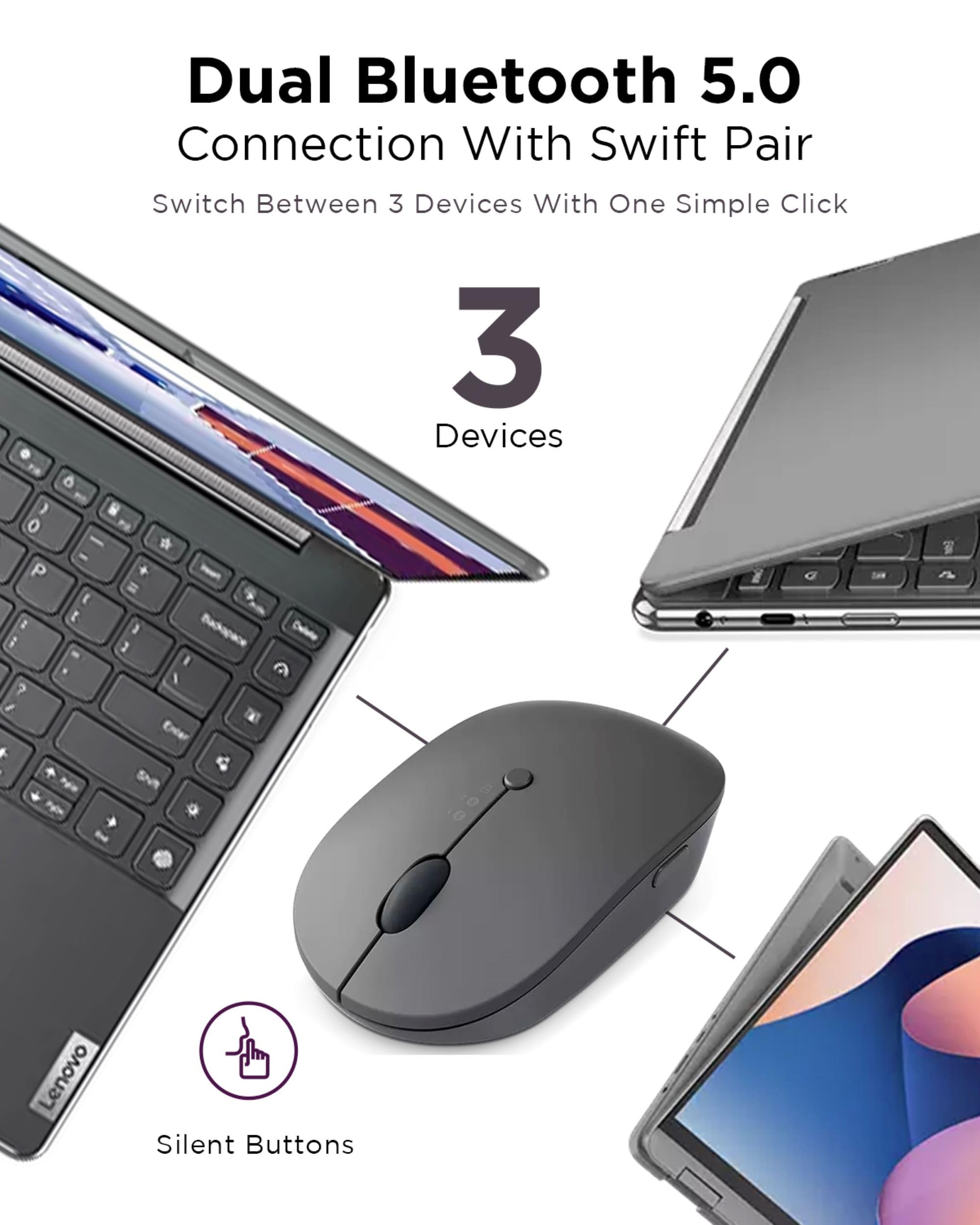 Foto 5 pulgar | Ratón Inalámbrico Lenovo Go Multidispositivo Gy51c21211 Gris - Venta Internacional