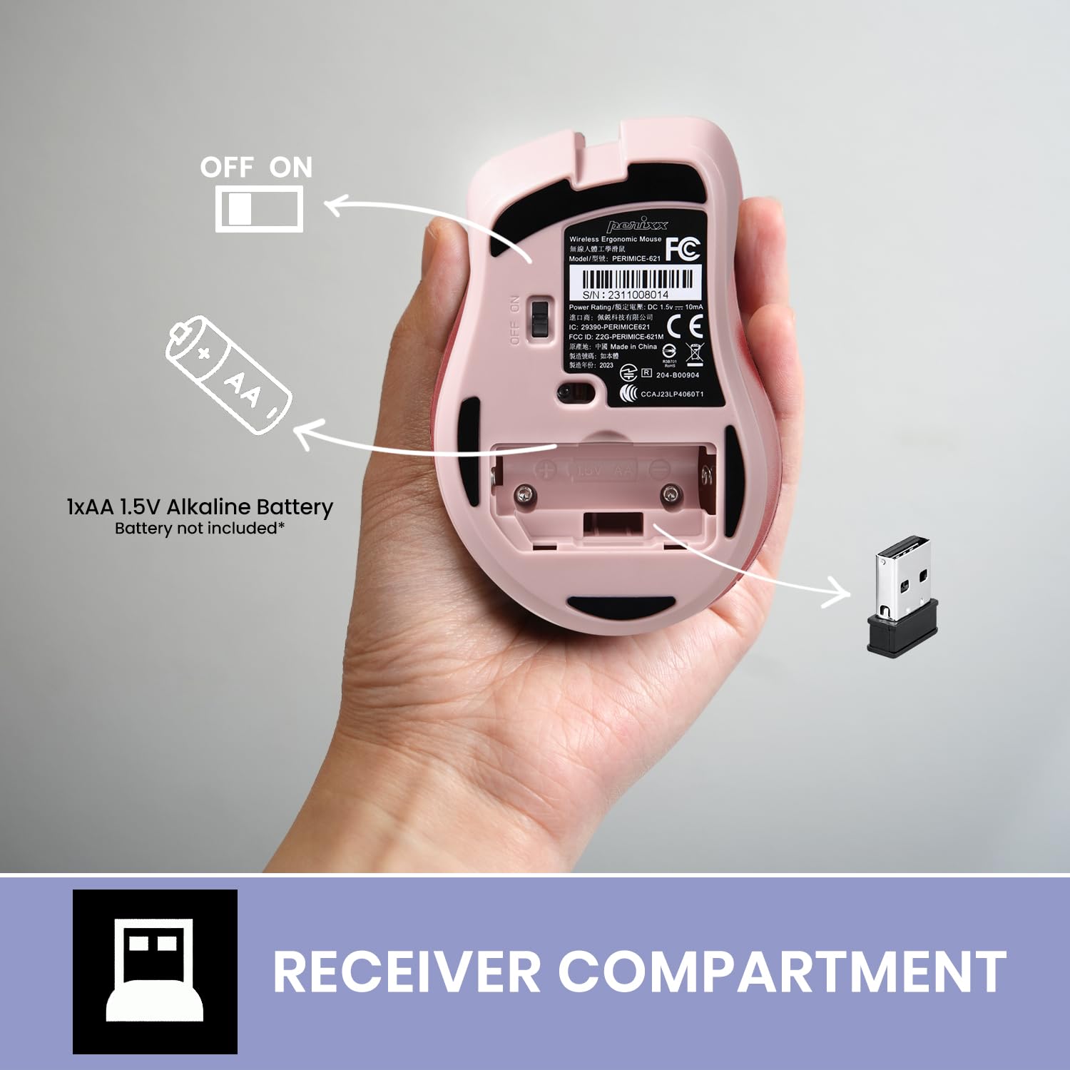 Foto 5 pulgar | Ratón Inalámbrico Perixx Perimice-621p Silent Click Pink - Venta Internacional.