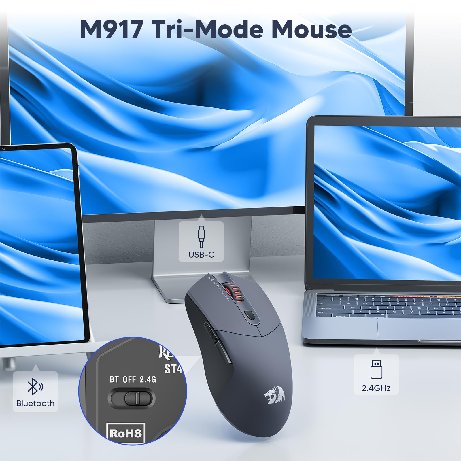 Foto 3 pulgar | Ratón Inalámbrico Para Juegos Redragon Ultraligero 26k Dpi Bluetooth - Venta Internacional.