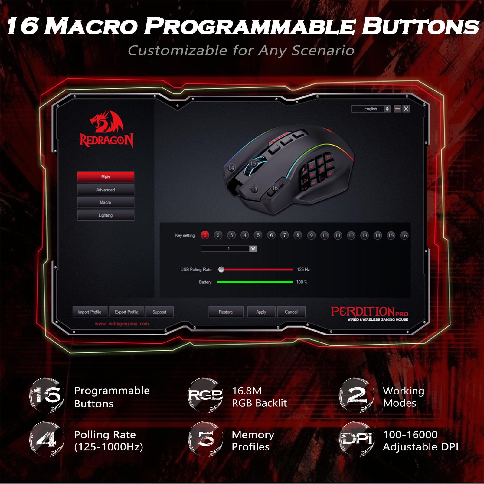 Foto 3 | Ratón Inalámbrico Para Juegos Redragon M901p-ks 16.000 Dpi Rgb - Venta Internacional.