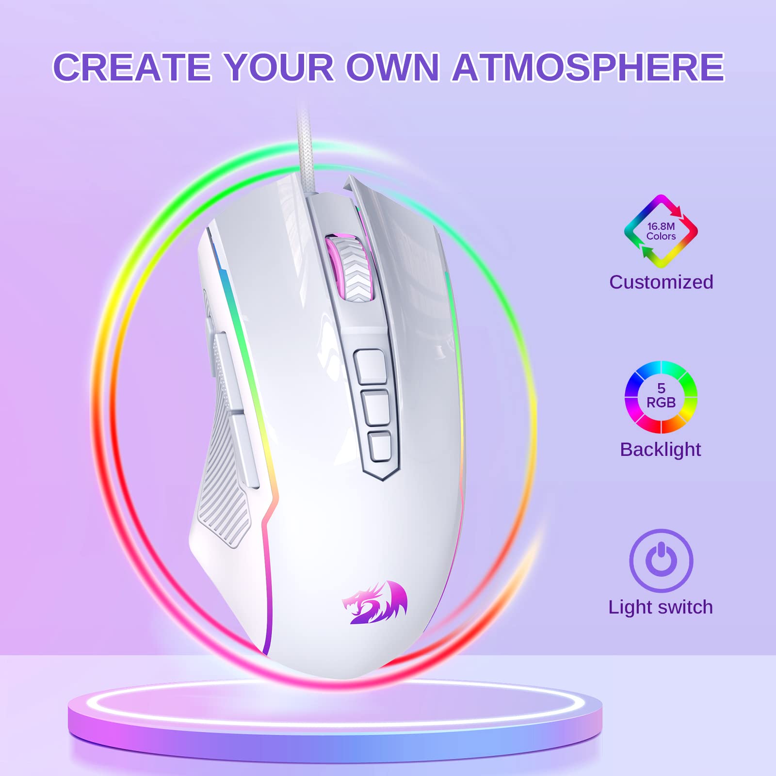 Foto 2 | Ratón Para Juegos Redragon 8000 Dpi Con Retroiluminación Rgb De 9 Botones, Blanco - Venta Internacional.