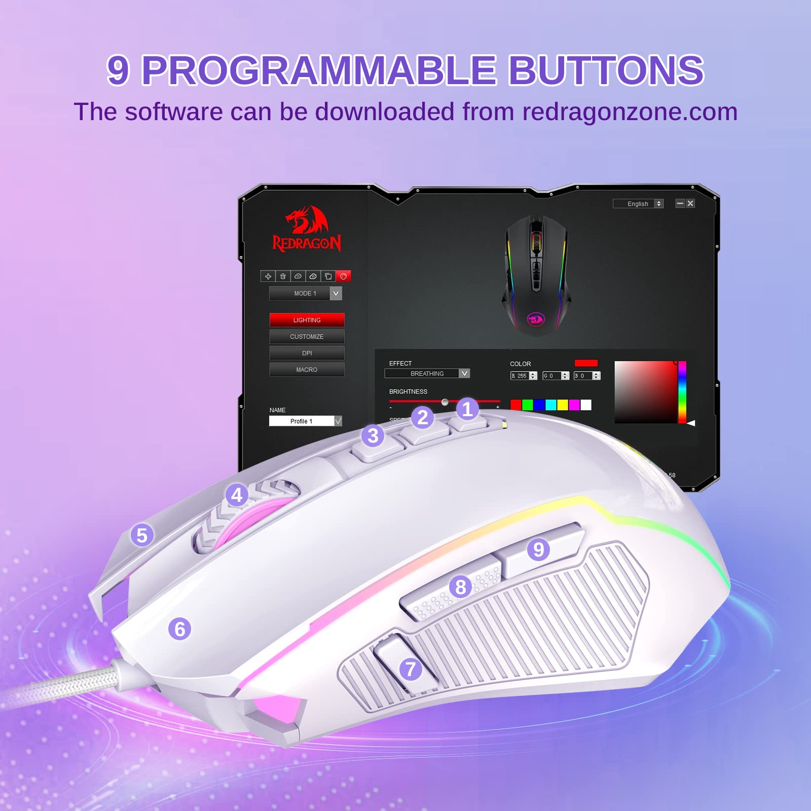 Foto 6 pulgar | Ratón Para Juegos Redragon 8000 Dpi Con Retroiluminación Rgb De 9 Botones, Blanco - Venta Internacional.