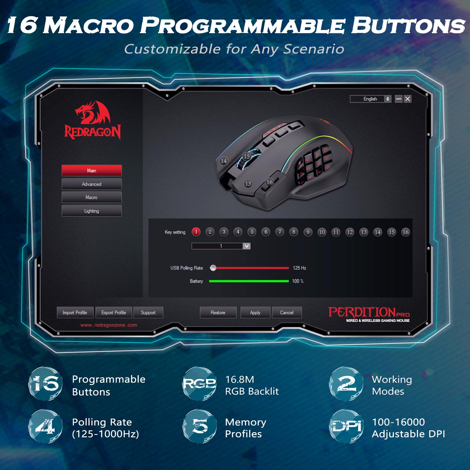 Foto 4 pulgar | Ratón Para Juegos Redragon Mmo Up 16.000 Dpi Con 16 Botones Macro - Venta Internacional.