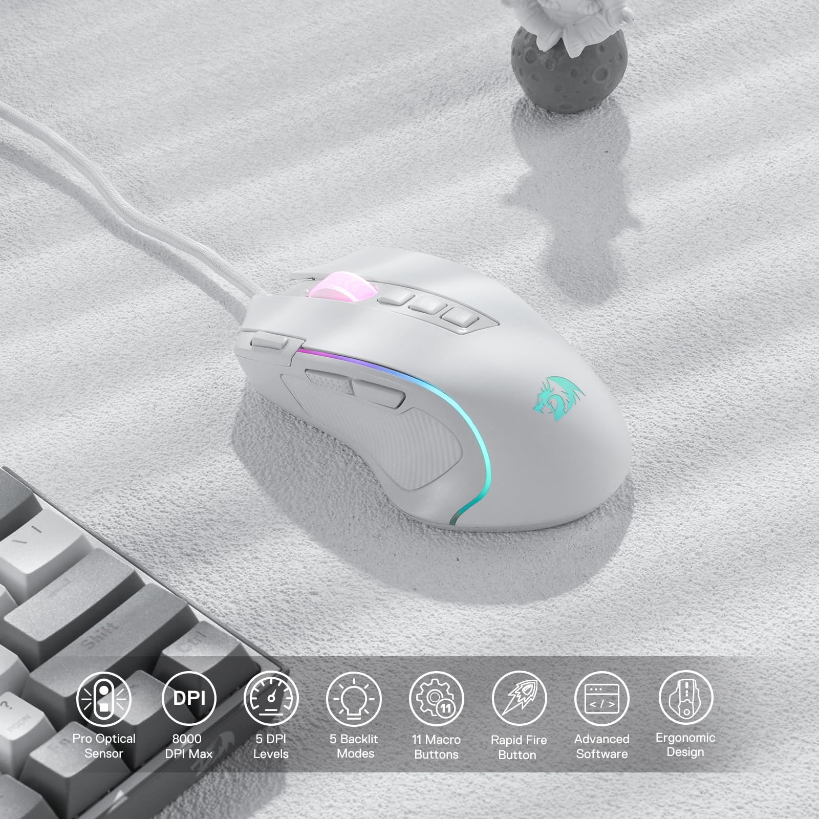 Foto 2 | Ratón Para Juegos Redragon M612 Predator Rgb 8000 Dpi Con Cable Blanco - Venta Internacional.