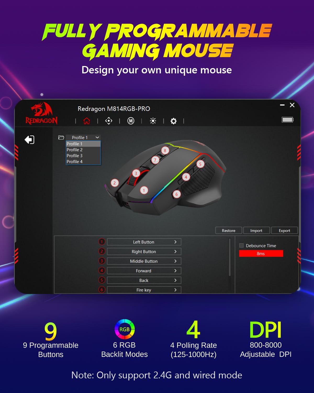 Foto 6 pulgar | Ratón Inalámbrico Para Juegos Redragon M814 8000 Dpi Rgb 250 Horas - Venta Internacional.