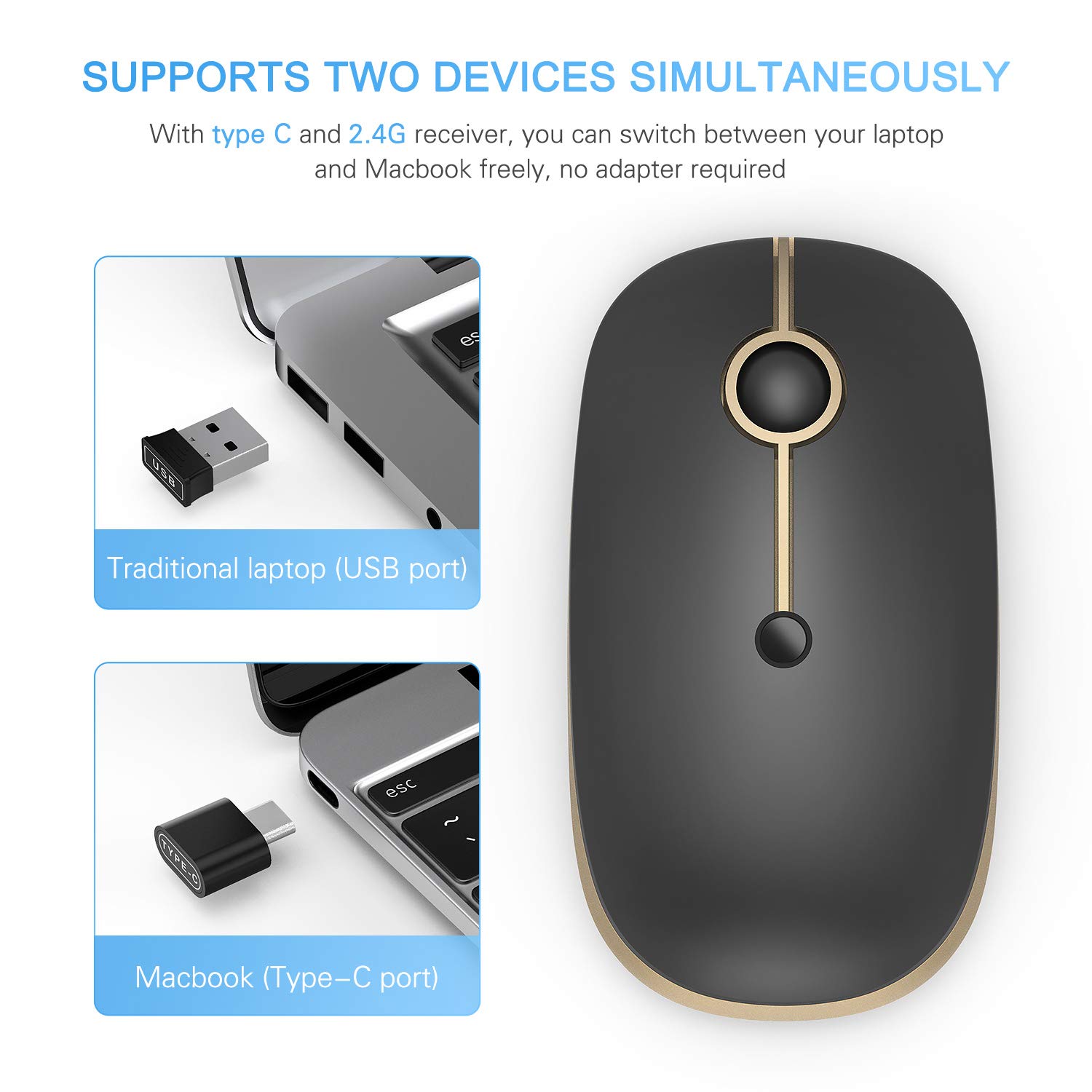 Foto 7 pulgar | Ratón Inalámbrico Vssoplor Tipo C Usb C Recargable Negro Dorado - Venta Internacional.
