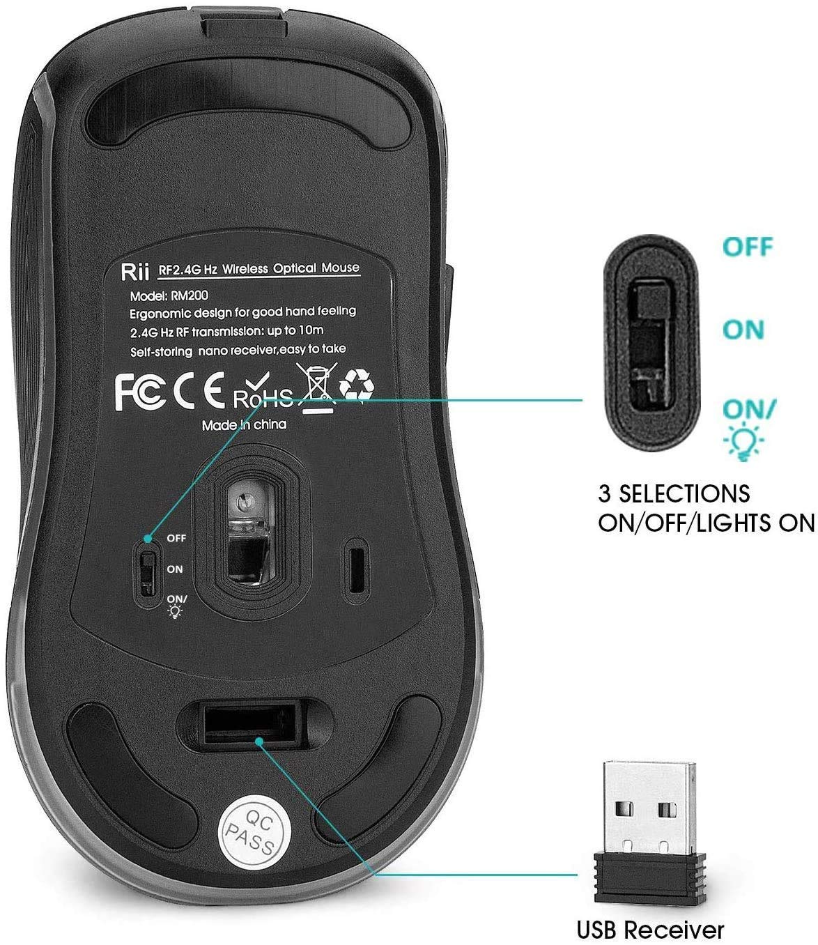 Foto 5 pulgar | Ratón Inalámbrico Rii Rm200 2.4g Rgb Recargable Para Pc Negro - Venta Internacional.
